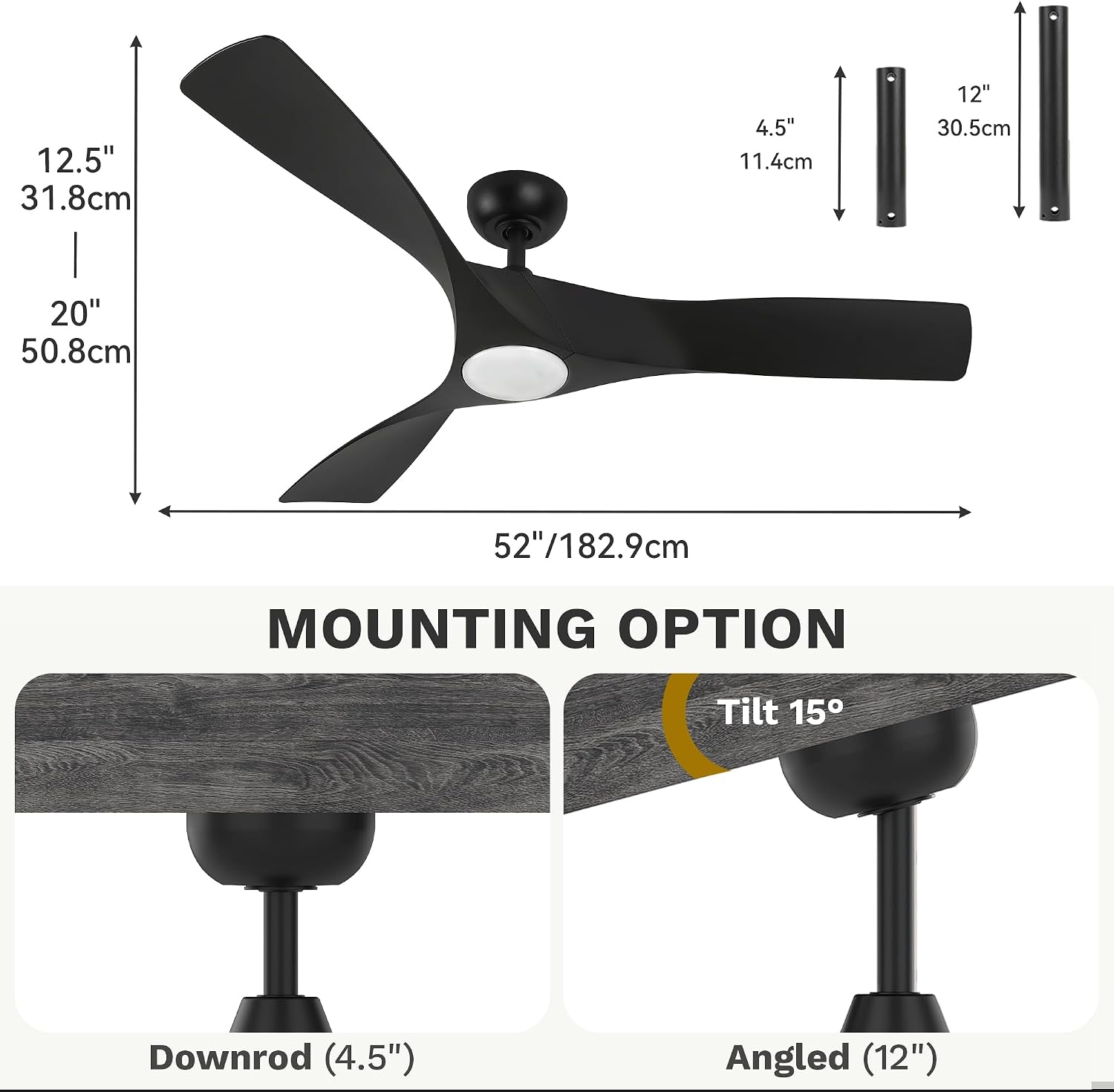 DWVO Ceiling Fan with Light, 52' Ceiling Fan with Remote, LED Tri-Color Temperature, 3 Blade Ceiling Fans Reversible 6 Speeds w/Quiet DC Motor for Bedroom, Living Room, Dining Room, Patio