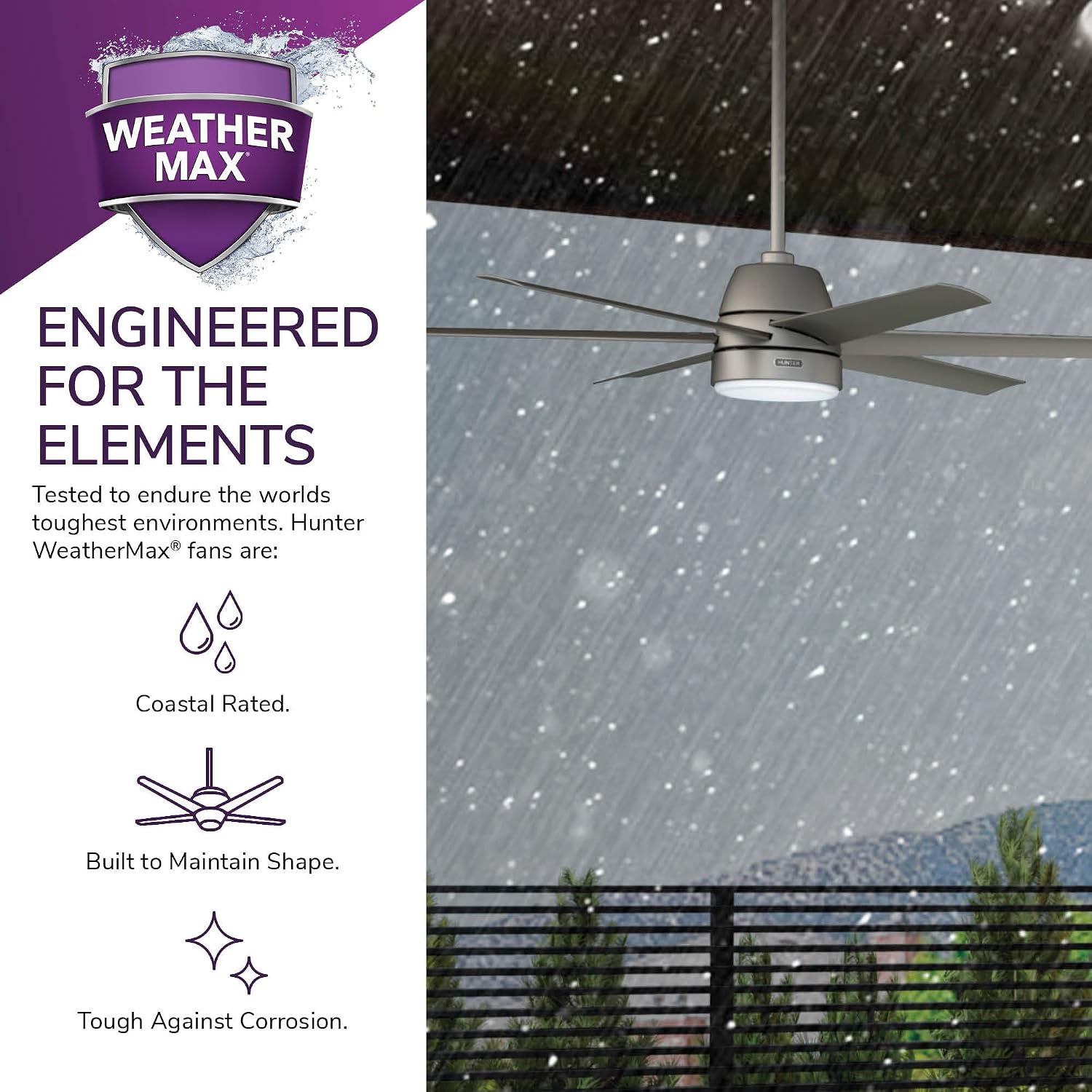 Hunter 60 inch Outdoor or Indoor Ceiling Fan with LED Light - Ceiling Fan with Wall Control, For Patio, Garage, or Porch, Quiet, Standard Mount, 6 Blades - Skysail 51876, Matte Silver