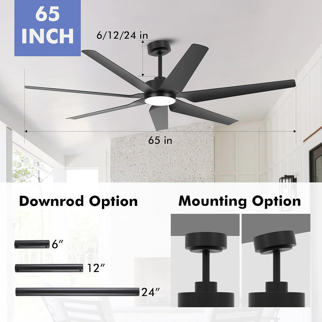 65 Inch All-Weather Outdoor Ceiling Fan with Light and Remote wet-rated, High CFM, Smart Alexa/App Control Energy Efficient & Quiet DC Motor, 7 Large Black Waterproof Blade for Patio, Porch, Garage