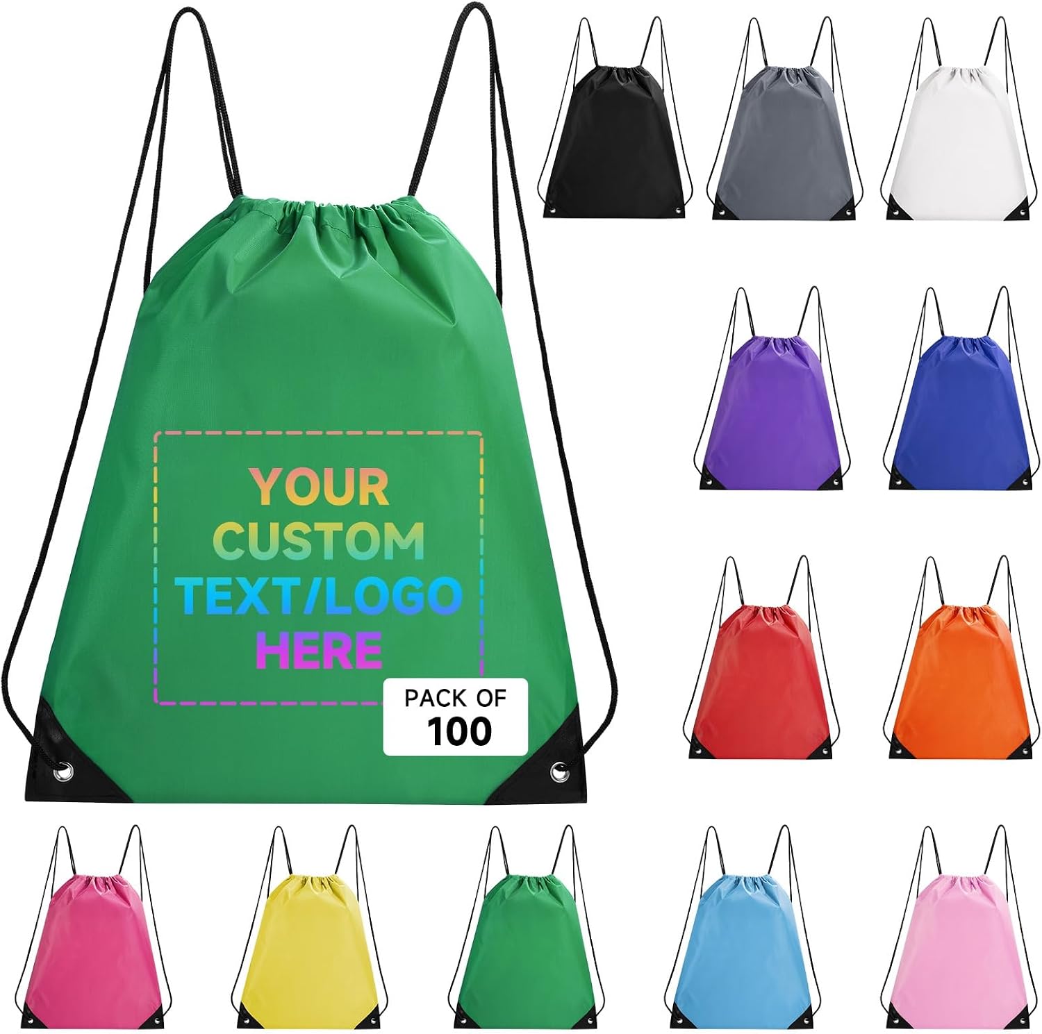 Custom Bags With Logo 100 Pack,Promotional Items Personalized Drawstring Backpack Bags Great for Gym and Everyday Use (Green)