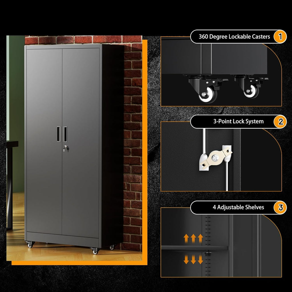 Greenvelly Metal Storage Cabinet with Wheels, 73' Black Metal Rolling Garage Cabinet with 2 Door and Adjustable Shelves,Locking Storage Cabinets for Garage Home Office Utility Room