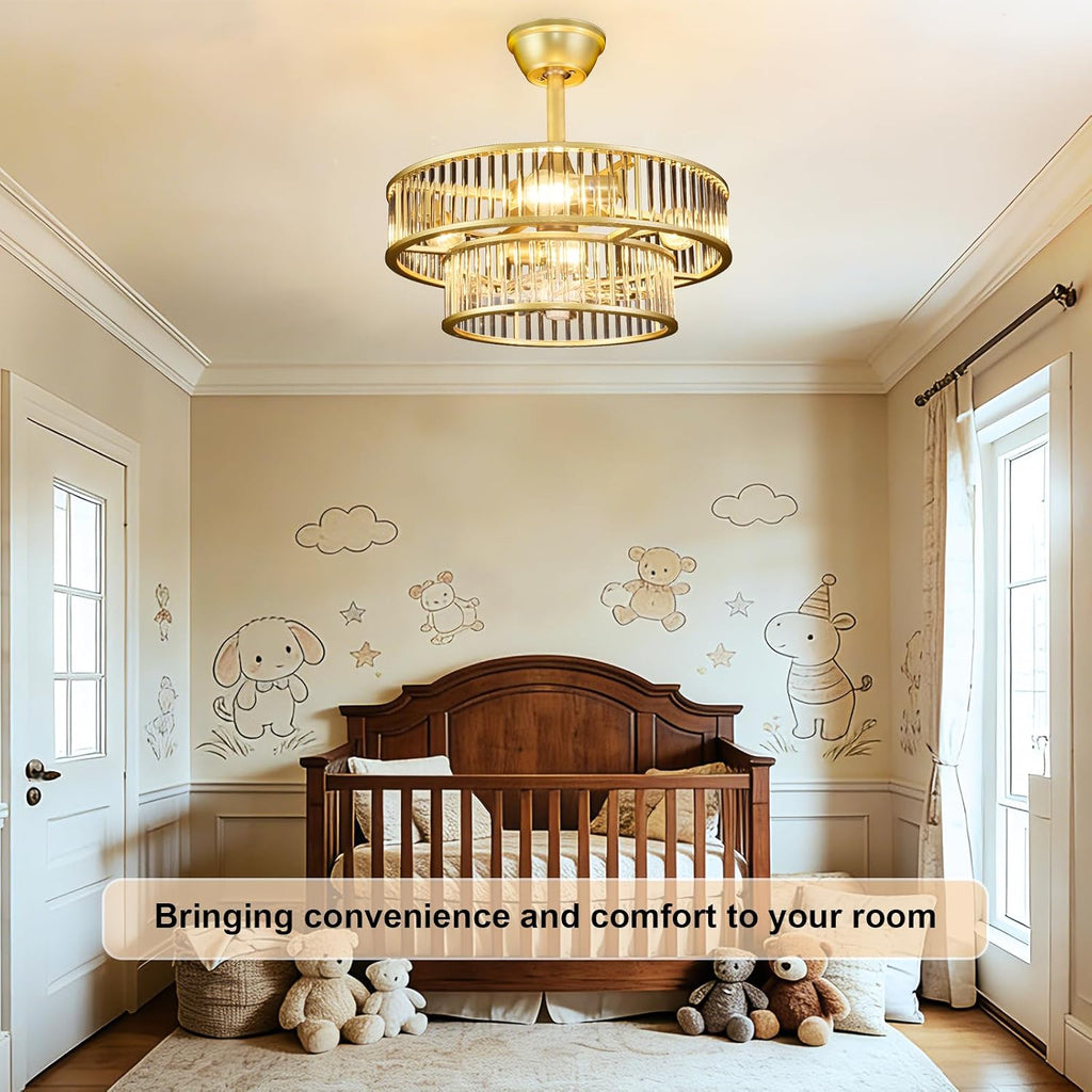 Depuley Bedroom Ceiling Fan with Lights: 20' Gold Chandelier Cagd Fan with Remote Control - Modern Crystal Fandelier for Girl's Bedroom Living Room Nursery (E26 Bulbs Not Included)