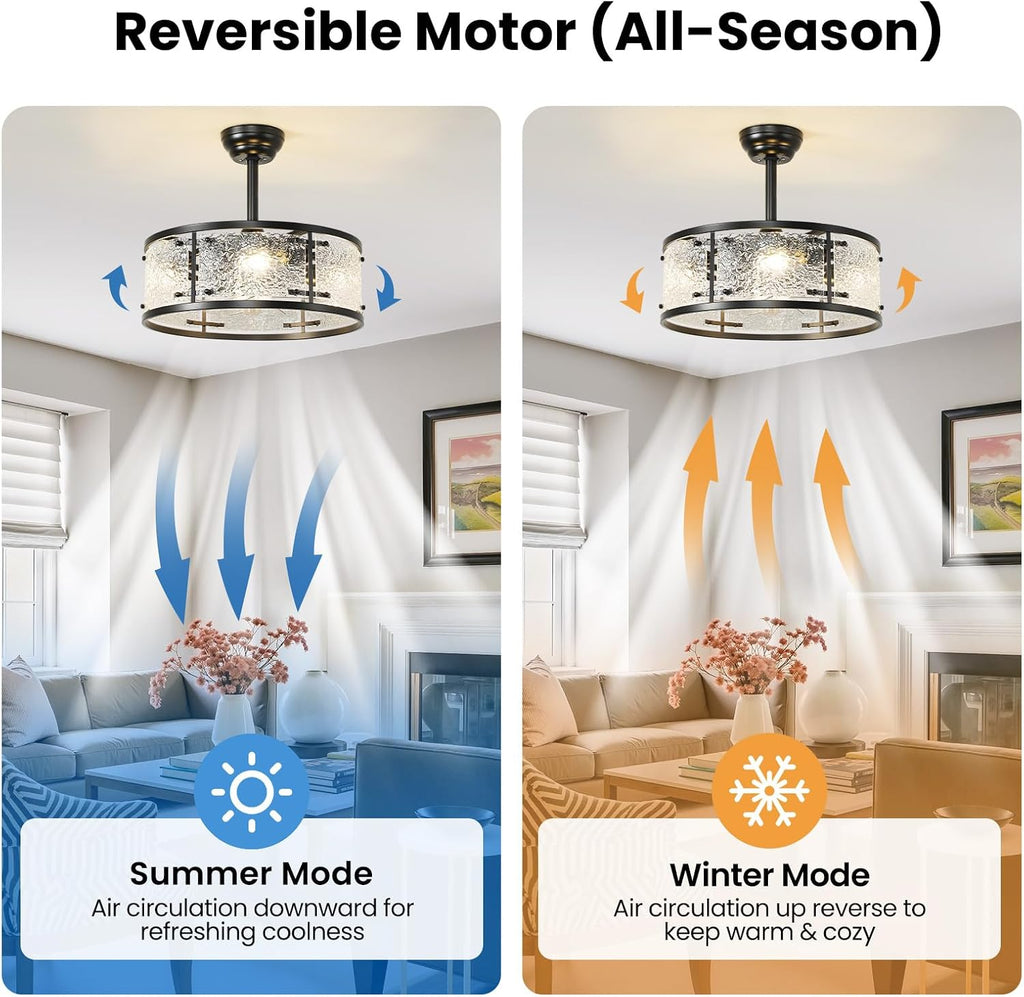 AIJIASI 20' Caged Ceiling Fans with Lights, Black Fandelier Ceiling Fan with Light Remote Control, Low Profile Mid Century Chandelier Ceiling Fan with 6 Speeds for Bedroom, Nursery, Living Room