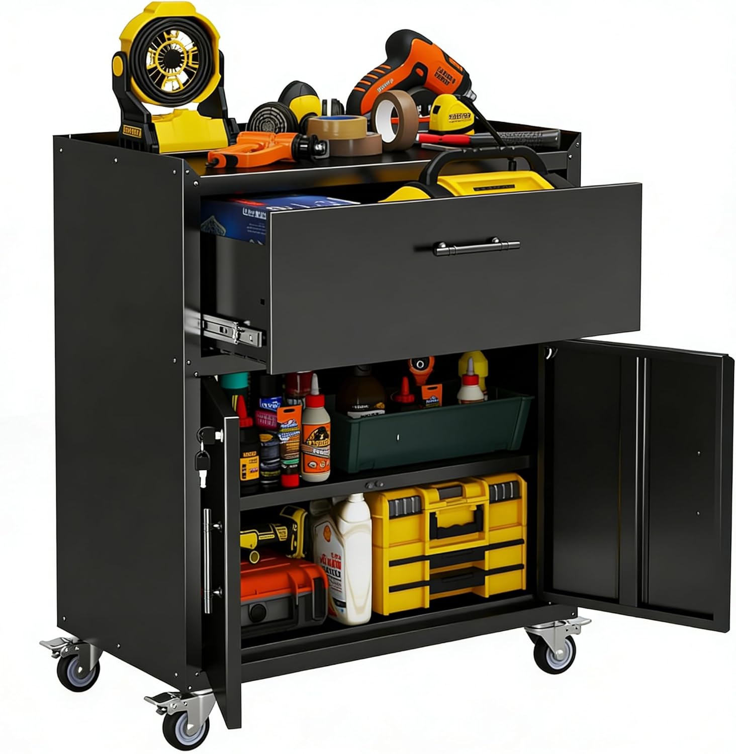 Metal Storage Cabinet with Wheels,Adjustable Shelves with Doors and Lock,Sturdy and Durable Heavy Duty Utility Storage Cabinet for Office/Kitchen/Garage/Pantry Organizer