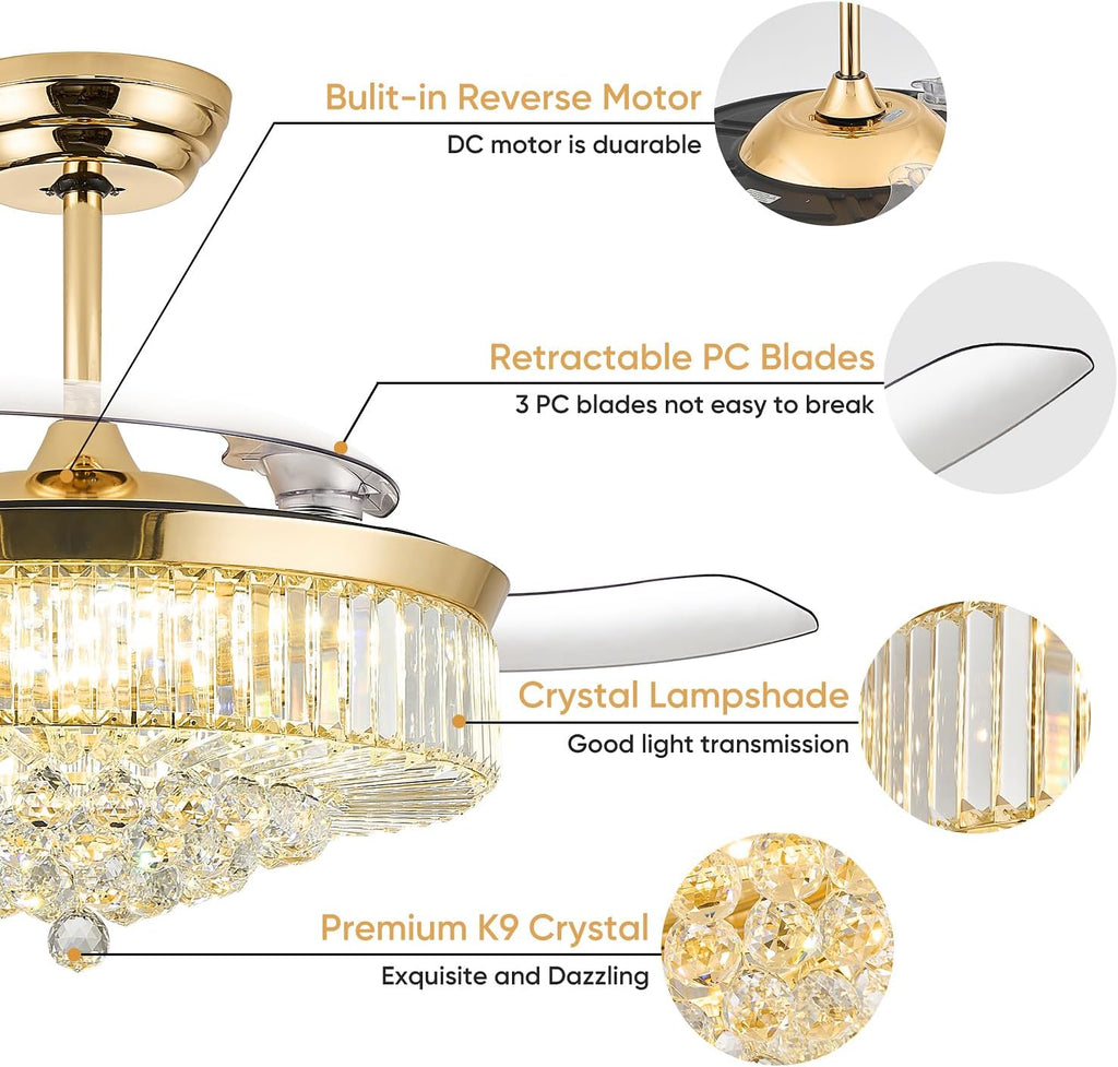 FIDGRA 52 Inch Fandelier Ceiling Fan with Light, Retractable Chandelier Fan, 3 Color Temperature, 6 Wind Speed, Crystal Ceiling Fan for Bedroom Living Room Dining Room-Gold