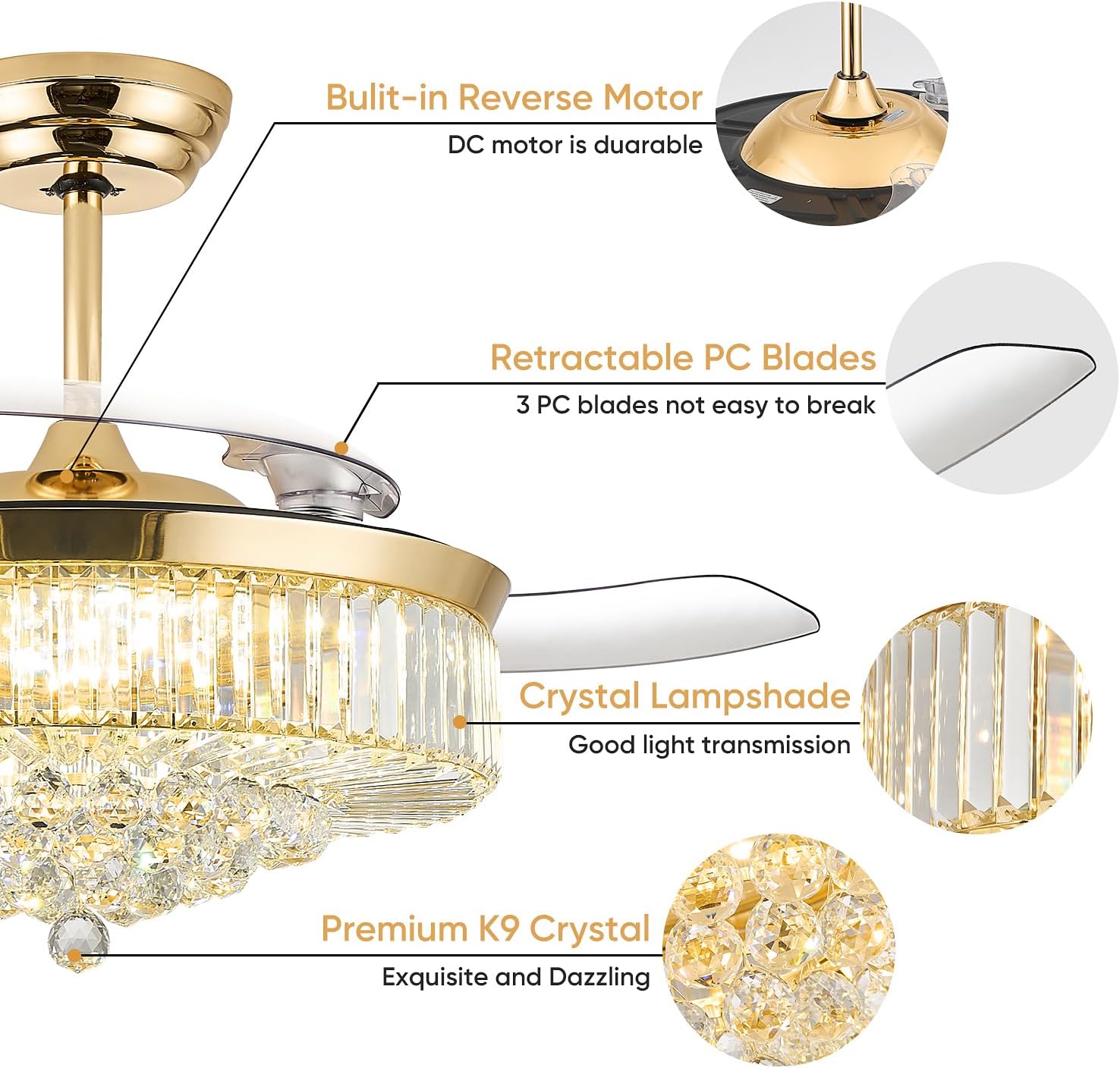 FIDGRA 52 Inch Fandelier Ceiling Fan with Light, Retractable Chandelier Fan, 3 Color Temperature, 6 Wind Speed, Crystal Ceiling Fan for Bedroom Living Room Dining Room-Gold