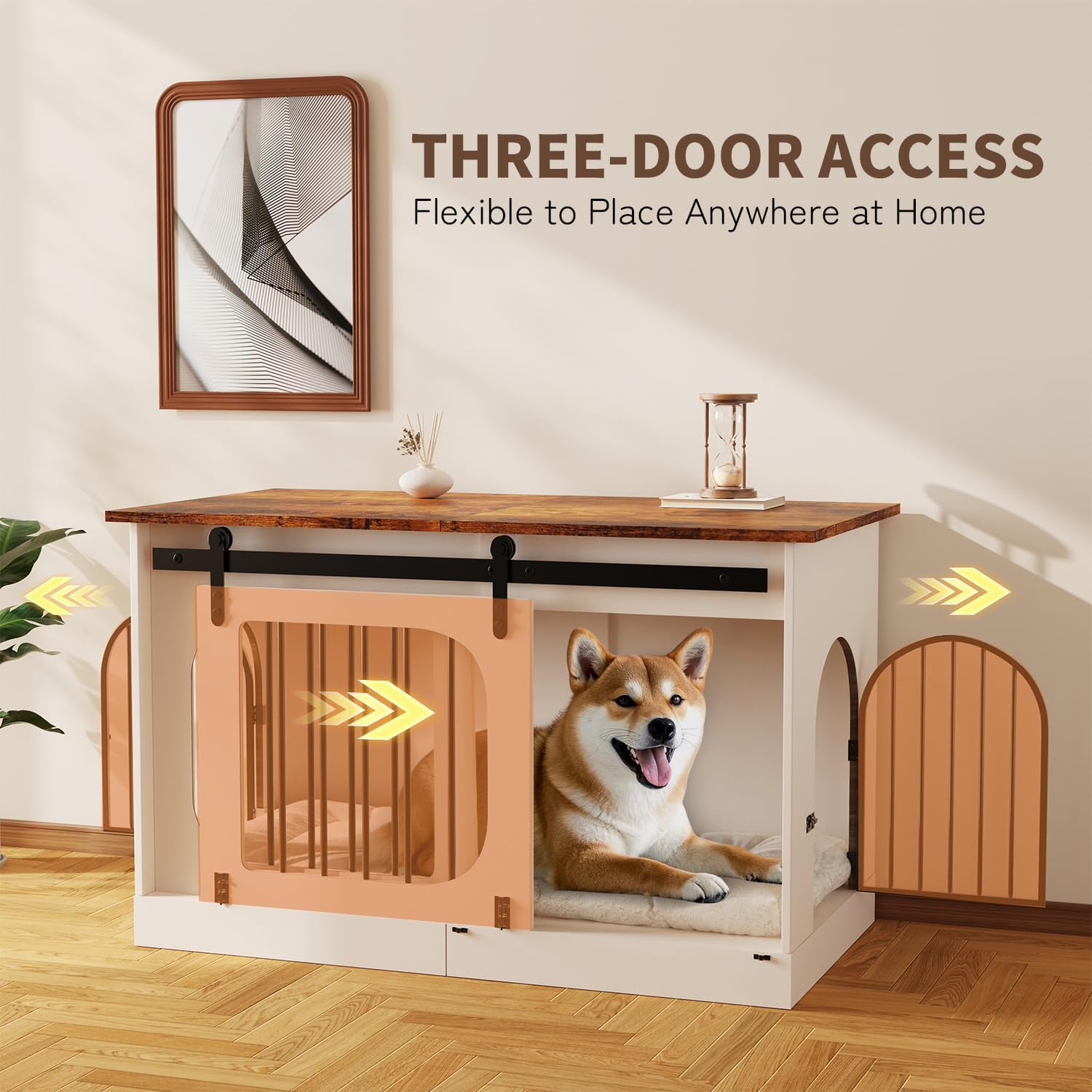 XXL Dog Crate Furniture, 47.2 Inches White Kennel Furniture with Cushion Decorative Farmhouse Crate Indoor Thick Wooden Pet House End Table Modern Cage Furniture for Medium/Large Dog