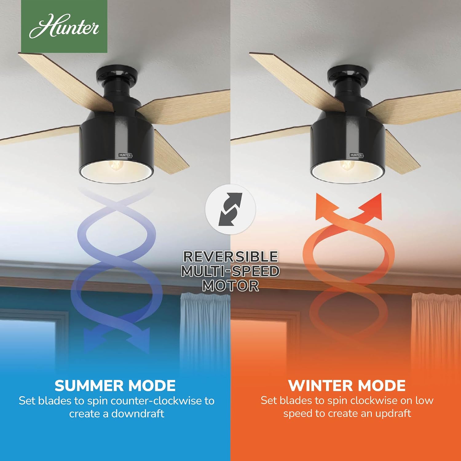 Hunter 52 inch Indoor Ceiling Fan with LED Light and Remote Control - Black Modern Ceiling Fan, Low Profile Mount, 4 Blades, For Bedroom, Living Room, or Kitchen, Quiet - Cranbrook 59259, Gloss Black