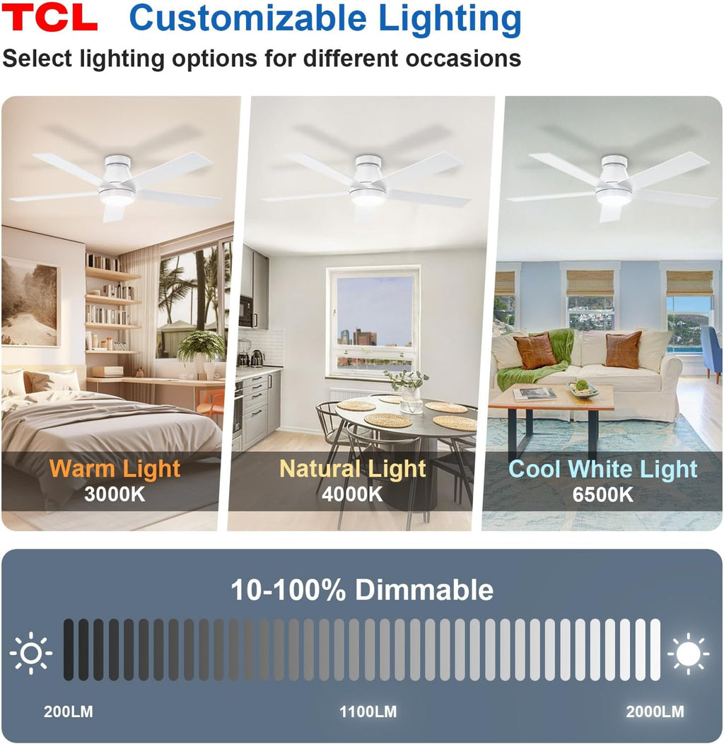 TCL 52' Modern Ceiling Fan with Lights, 5 Blades, 6 Speeds DC Reversible, Dimmable, White Flush Mount for Bedroom, Living Room and Garage