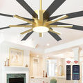 72 inch Large Ceiling Fans with Lights and Remote，Indoor/Outdoor Modern Ceiling Fan for Living Room Patio，6 Speed Reversible，8 Blades and 9 Lights，3 CCT，Black Gold