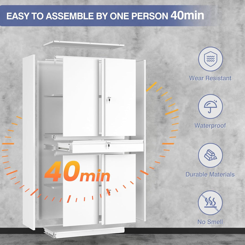 Metal Storage Cabinet,Tall File Cabinet with 2 Adjustable Shelves and Drawer,Lockable Steel Tool Cabinet for Home Office Garage School Warehouses