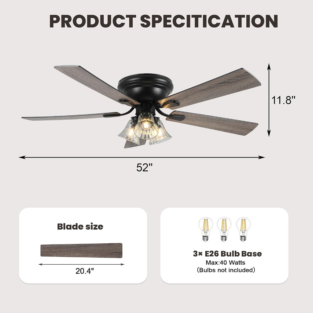 Dawn Whisper 52 Inch Ceiling Fan with Light Flush Mount Classic Vintage Farmhouse Ceiling Fan with 3 E26 Covered Energy Efficient Light Bulbs Base