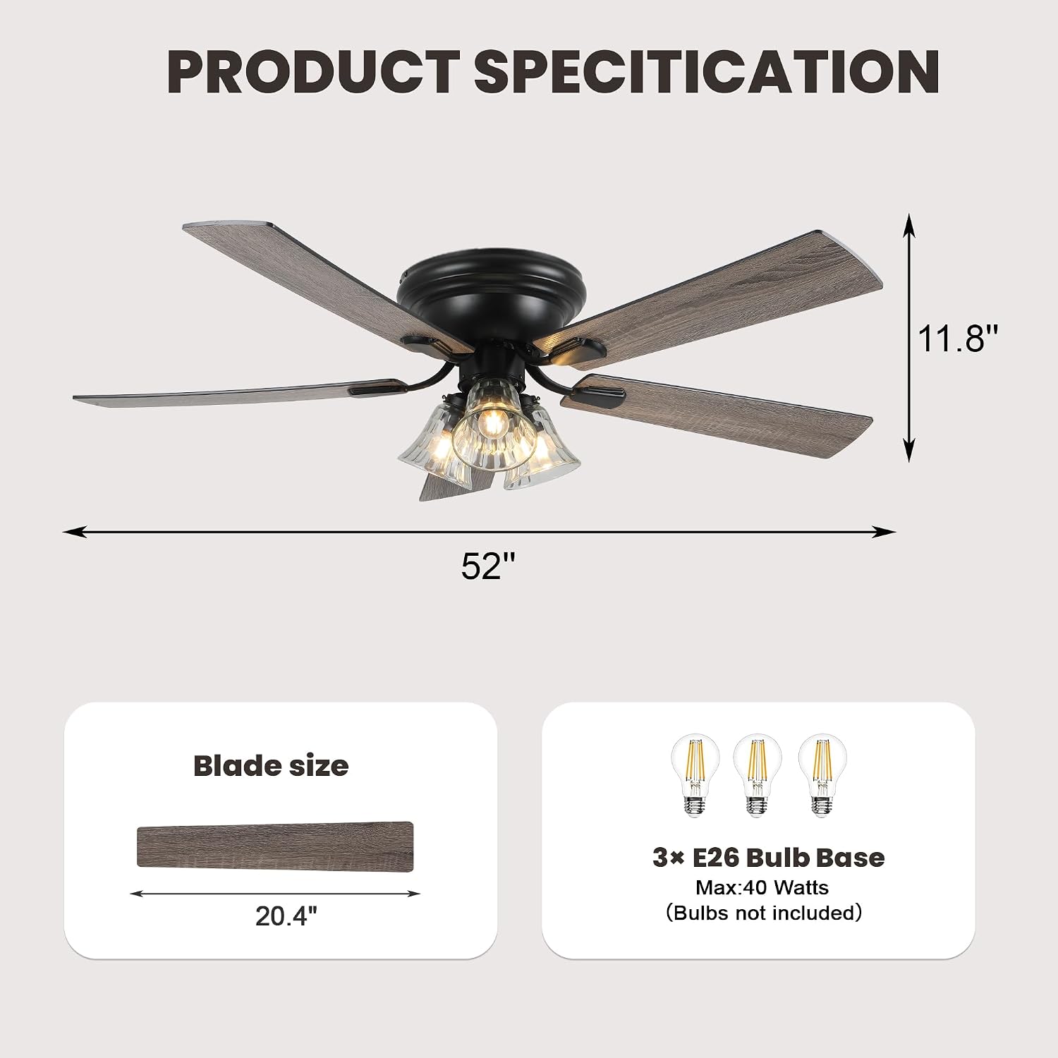 Dawn Whisper 52 Inch Ceiling Fan with Light Flush Mount Classic Vintage Farmhouse Ceiling Fan with 3 E26 Covered Energy Efficient Light Bulbs Base