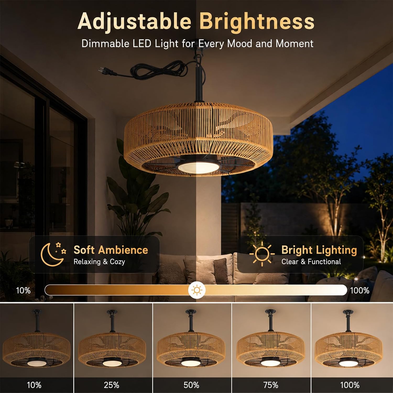 20' Outdoor Ceiling Fan with Light – Waterproof Plug-In Hanging Caged Fan, 3CCT Dimmable LED, 6-Speed with Remote & App Control for Covered Patios, Gazebo & Porch