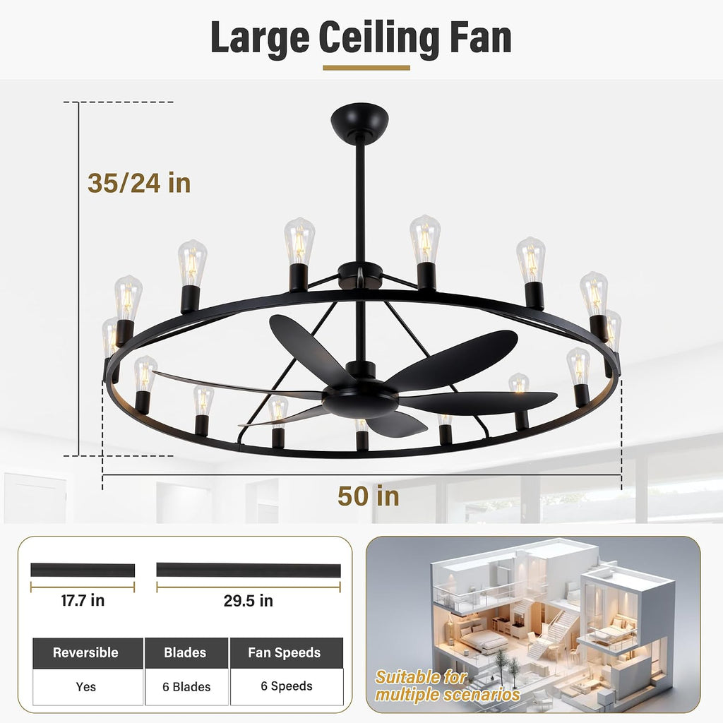 Miuyhji Rustic Ceiling Fan with Lights Wagon Wheel Style,Dining Room Light Fixture with Fan,15 Light Chandelier Fans,50 in Matte Black Farmhouse Fandelier for Large Space 100-300 Sqare Feet