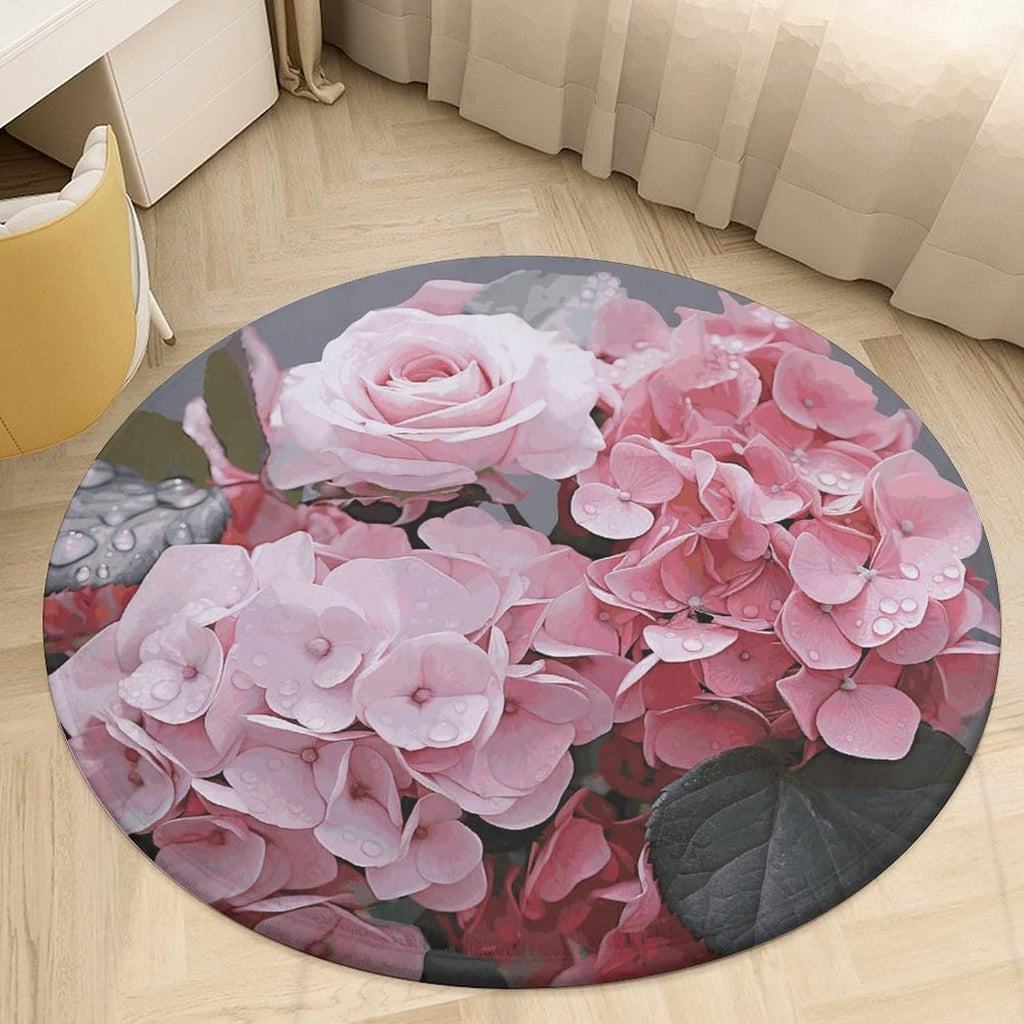 Pink Rose Hydrangea Coral Velvet Round Floor Mat Non-Slip Bath Rug Floor Covering for Bathroom Vanity Guest Suite & Vacation Home