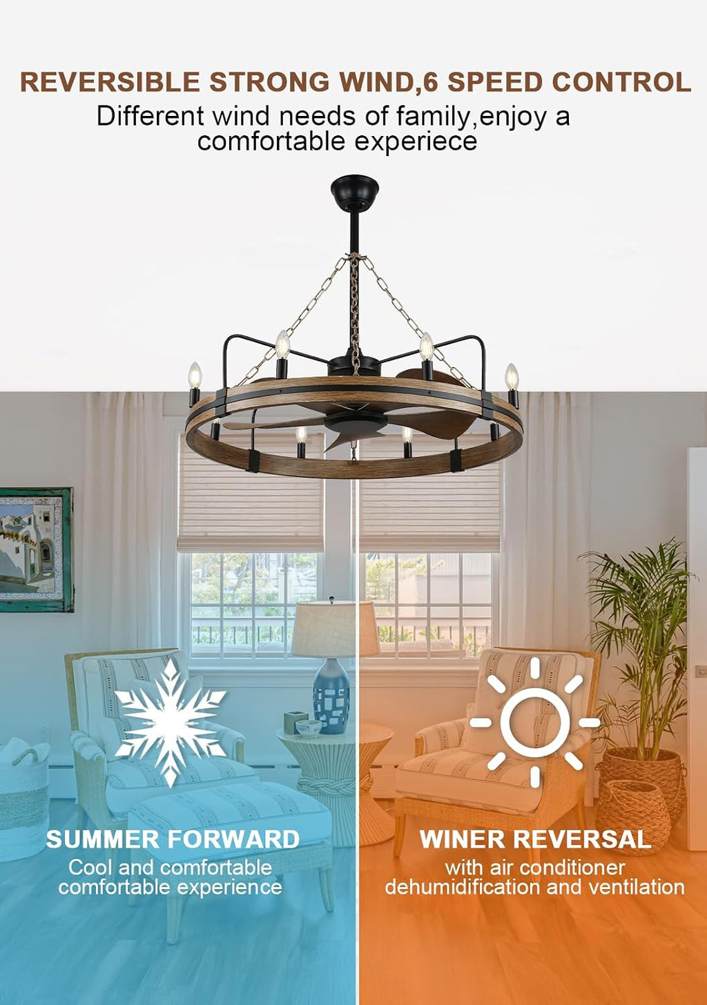 Bella Depot 36' Farmhouse Ceiling Fan with Light - Wagon Wheel Fandelier, 8-Light Rustic Chandelier Fan, Remote Control, for Bedroom Kitchen Dining Room (Bulbs Not Included)