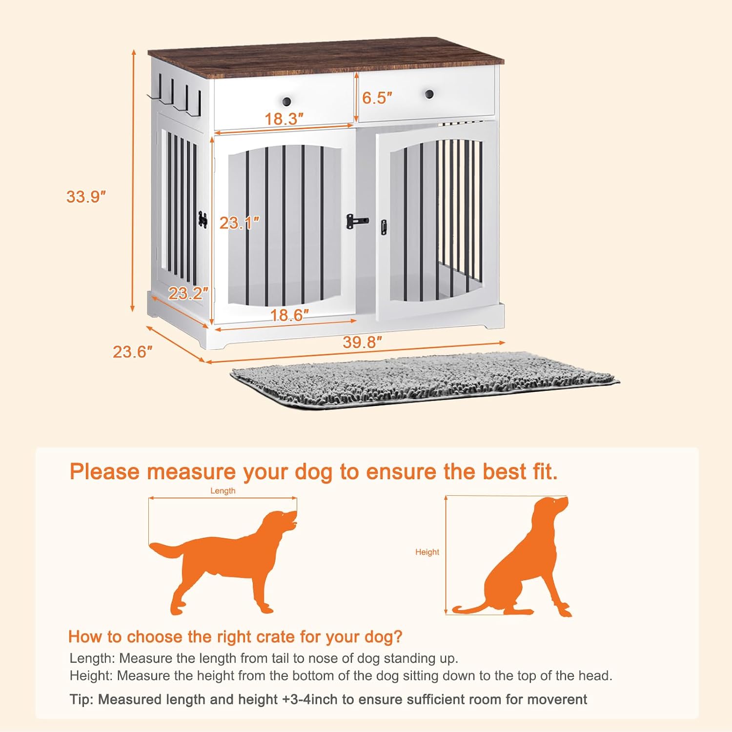 BREEZEHEAT Dog Crate Furniture with Drawers-Farmhouse Dog Kennel, White, 40 inch