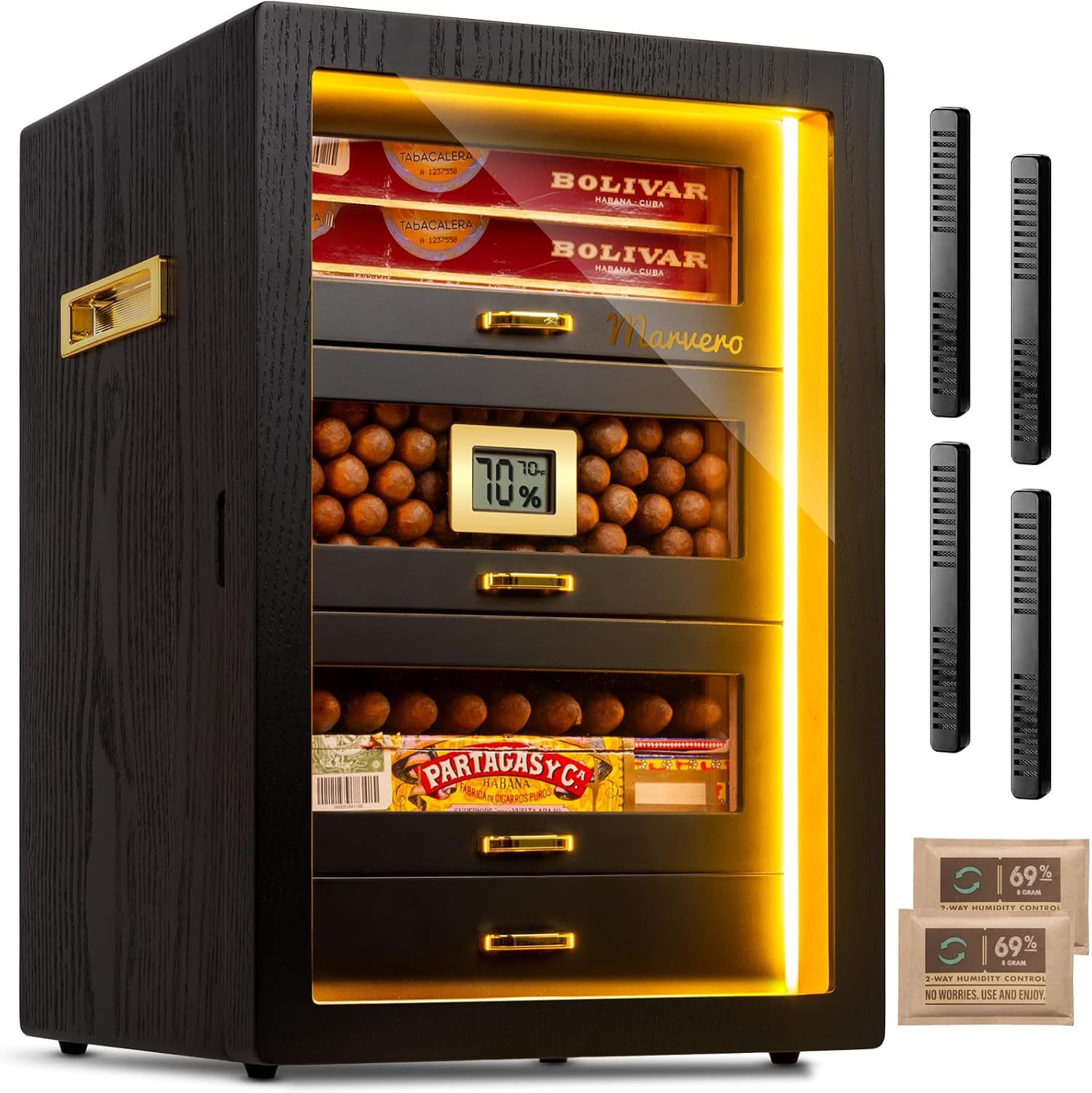 Cigar Humidor, Desktop Humidor Cabinet Triple-Sided Light with Digital Hygrometer, Humidifier and Humidity Packs. 4 Cedar Wood Drawers, Cigar Humidor Box can Hold 200 Cigars,Present for Men