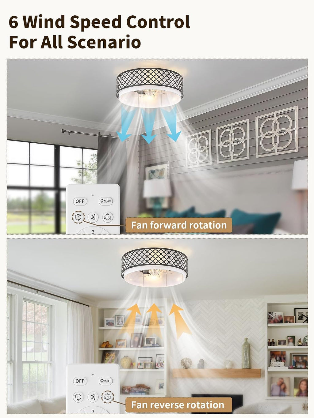 20' Farmhouse Rustic Flush Mount Ceiling Fan with Light, Black Ceiling Fans with Lights Low Profile, Enclosed with Remote Control 6 Speeds for Living Room, Bedroom, Nursery