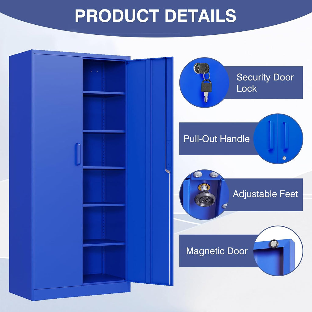 Metal Cabinet with Lock, Tall Storage Cabinet with Door and Adjustable Shelves,Blue Steel Storage Cabinets for Garage,Home Office,Pantry,School,Hospital