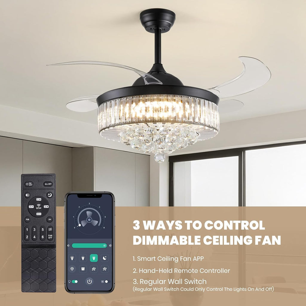 Fandelier Ceiling Fan with Light, 42'' Retractable Ceiling Fans,Crystal Chandelier Fan with LED Dimmable for Bedroom Living Room etc-Black