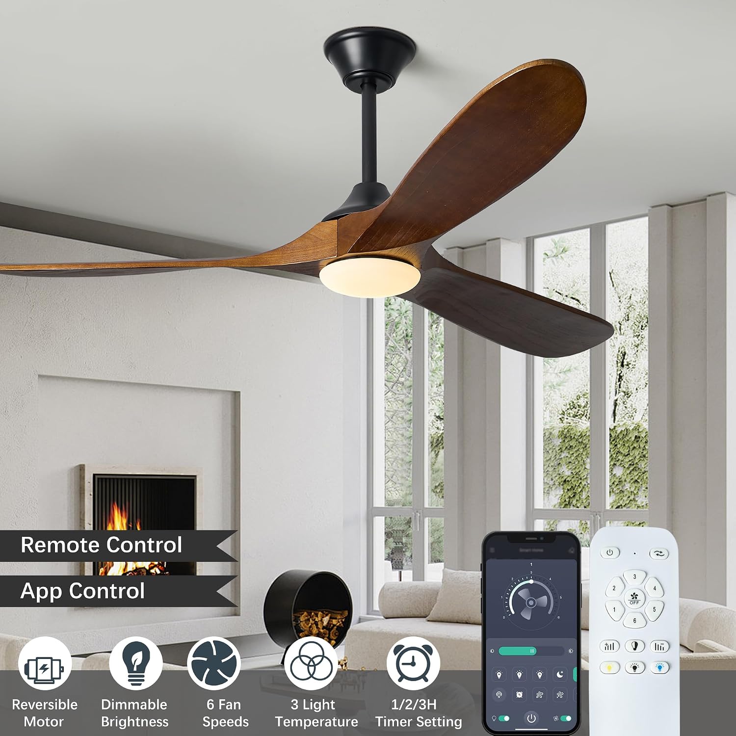 60 Inch Solid Wood Ceiling Fans with Lights, Remote APP Control 3 Propeller Blades Indoor Outdoor Ceiling Fan, Large Airflow Noiseless DC Motor Wooden Ceiling Fan for Patio Living Rooms Farmhouse
