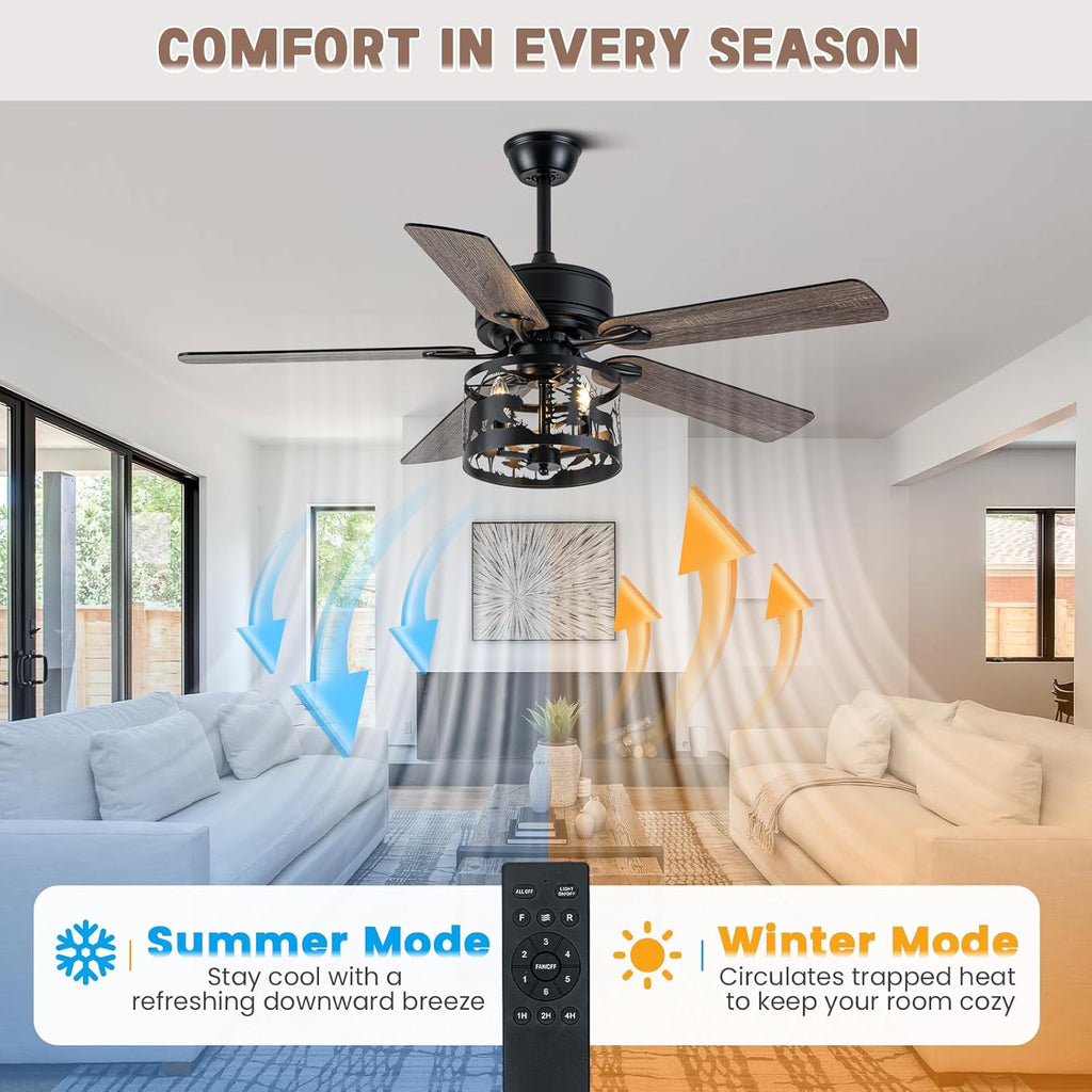 52' Farmhouse Ceiling Fan with Light and Remote, Rustic Fandelier Ceiling Fan with Deer & Bear Cut-out Drum Cage, Quiet Reversible DC Motor for Bedroom, Living Room, Kitchen, Black
