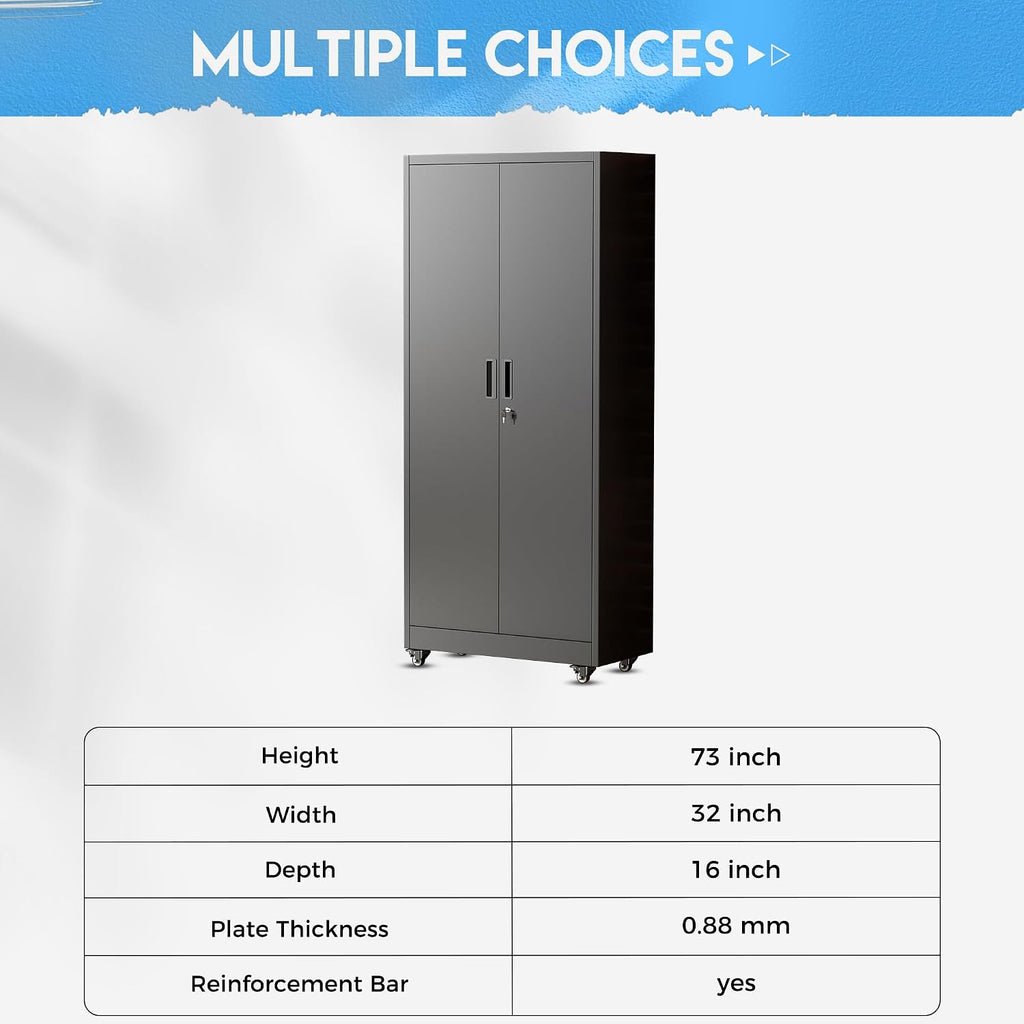 Greenvelly Metal Garage Storage Cabinet with 4 Swivel Wheels, 73' Black Storage Cabinet on Wheels, Rolling Tool Cabinet with Locking Doors and Shelves for Garage, Basement, Home, Warehouse