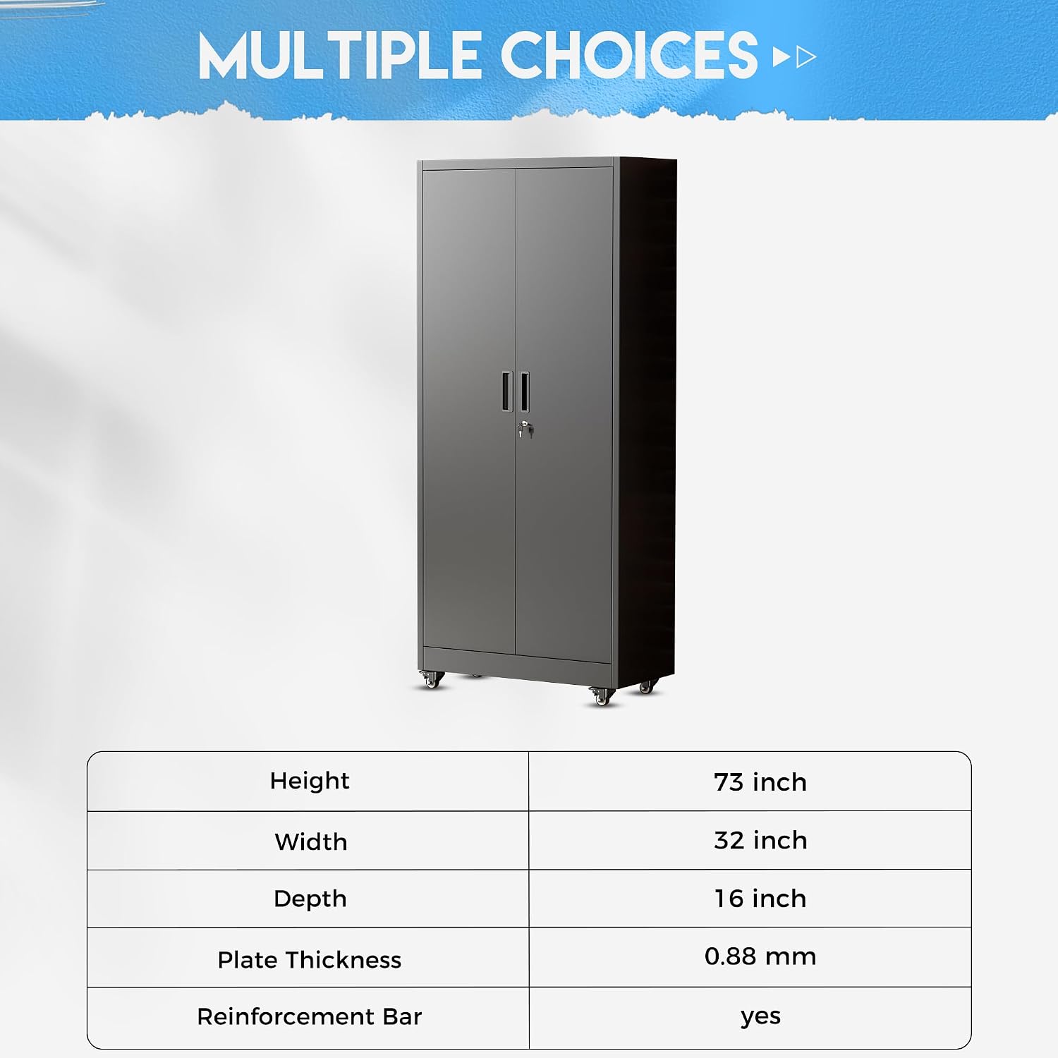Greenvelly Metal Garage Storage Cabinet with 4 Swivel Wheels, 73' Black Storage Cabinet on Wheels, Rolling Tool Cabinet with Locking Doors and Shelves for Garage, Basement, Home, Warehouse