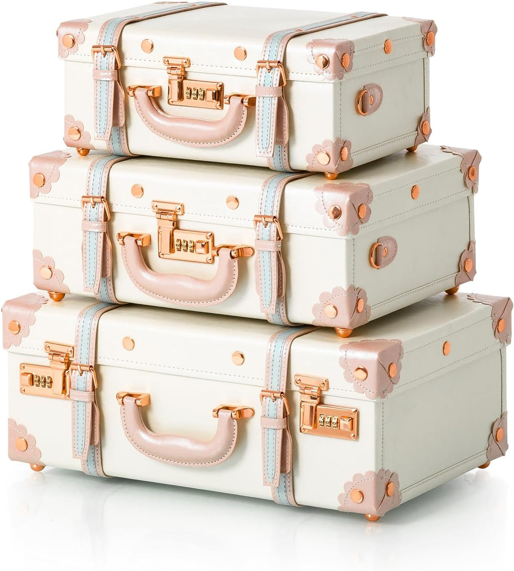 COTRUNKAGE 16' Carry On Suitcase Cute Pu Overnight Vintage Trunk Luggage Bag for Women with Strap, Cream White