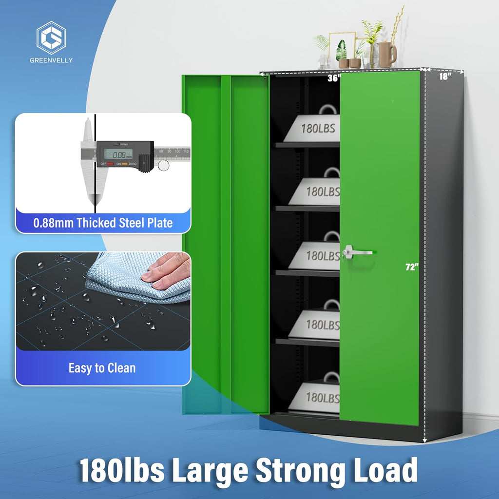 Greenvelly Metal Storage Cabinet with Doors and Shelves, 72' Inch Locking Metal Cabinet,Garage Storage Cabinet for Garage Office School Warehouse (Black Green)