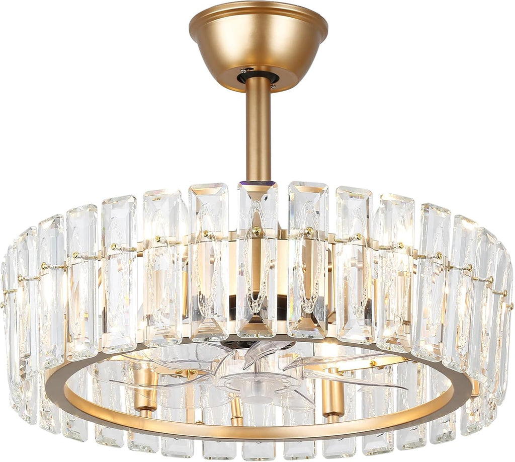 CLAIRDAI 20.7' Gold Crystal Caged Fandelier Ceiling Fan with Lights, Flush Mount Chandelier Ceiling Fan with Remote, Reversible 6-Speed, 6 x E12 Bulbs Not Included
