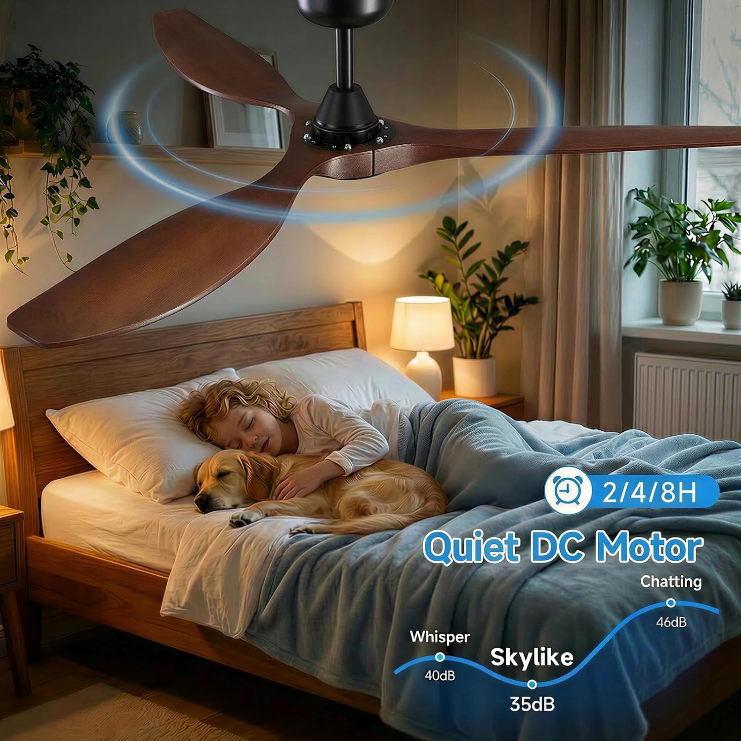 Skylike 52' Wood Outdoor Ceiling Fan with Lights, Propeller Farmhouse Ceiling Fan and Remote Control, 3 Blade Dark Walnut Ceiling Fan for Patio,Porch, Gazebo, Bedroom