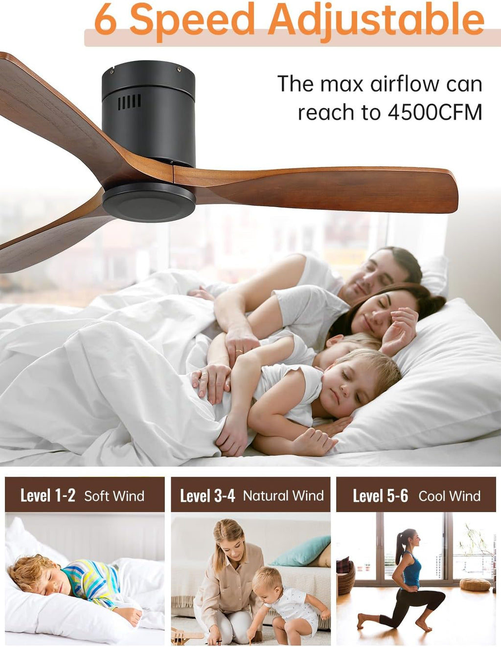Sofucor Ceiling Fan no Lights, 52 Inch Low Profile Flush Mount Wood Ceiling Fan with Remote for Indoor Farmhouse Bedroom Living Room Outdoor Patio Porch, 3 Blades, Reversible DC Motor, Noiseless