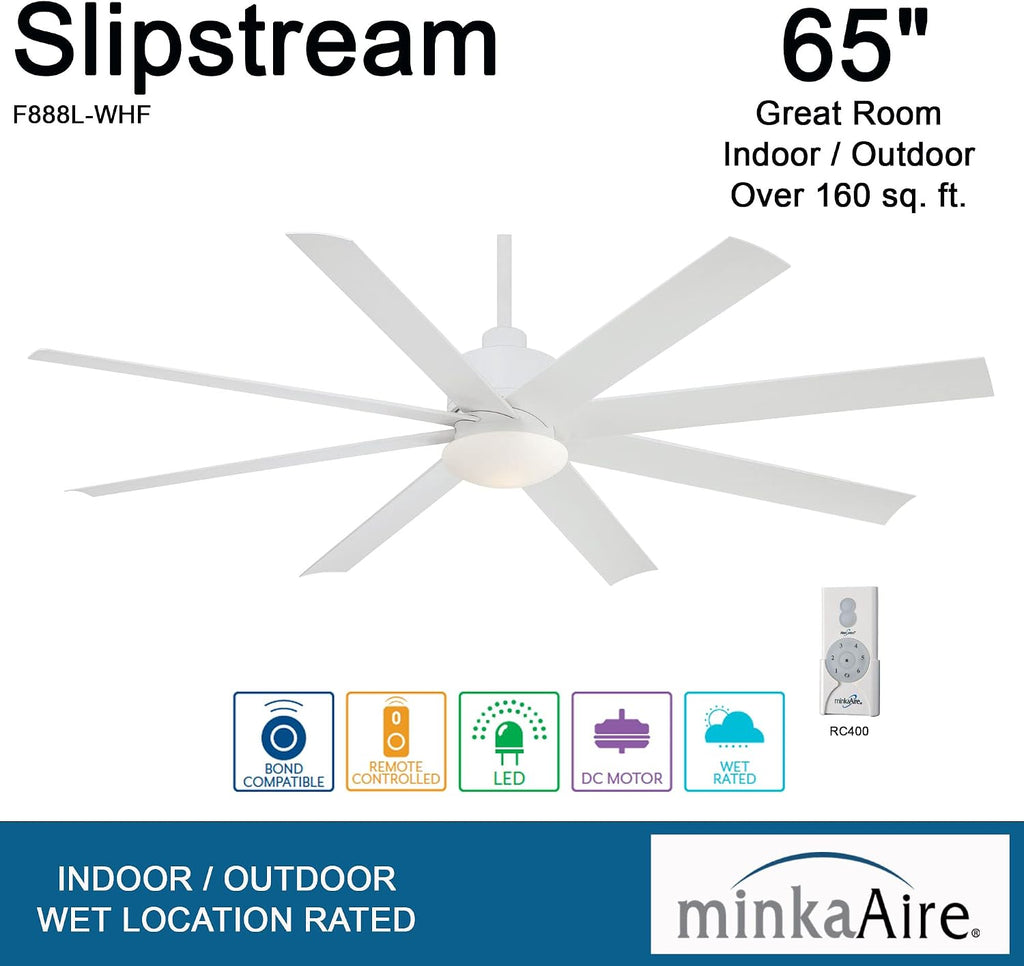 MINKA-AIRE F888L-WHF Slipstream 65' 8-Blade LED Ceiling Fan in White Finish with Flat White Blades and Etched Opal Glass