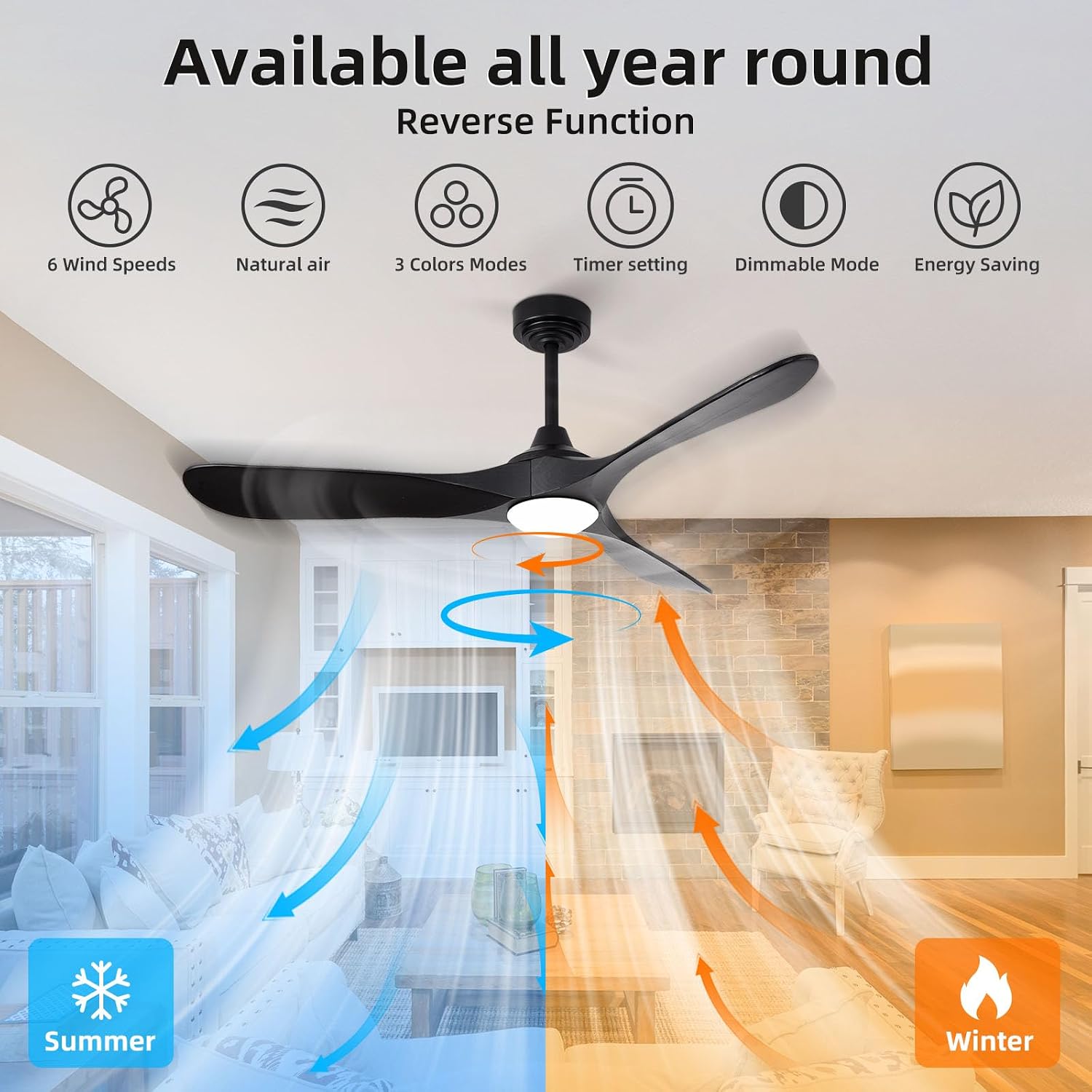52' Outdoor Ceiling Fan with Light and Remote via WiFi Alexa, 3 Black Solid Wood Blade, Noiseless Reversible Dc Motor, Smart Outdoor Wood Ceiling Fan for Farmhouse Patios, Black