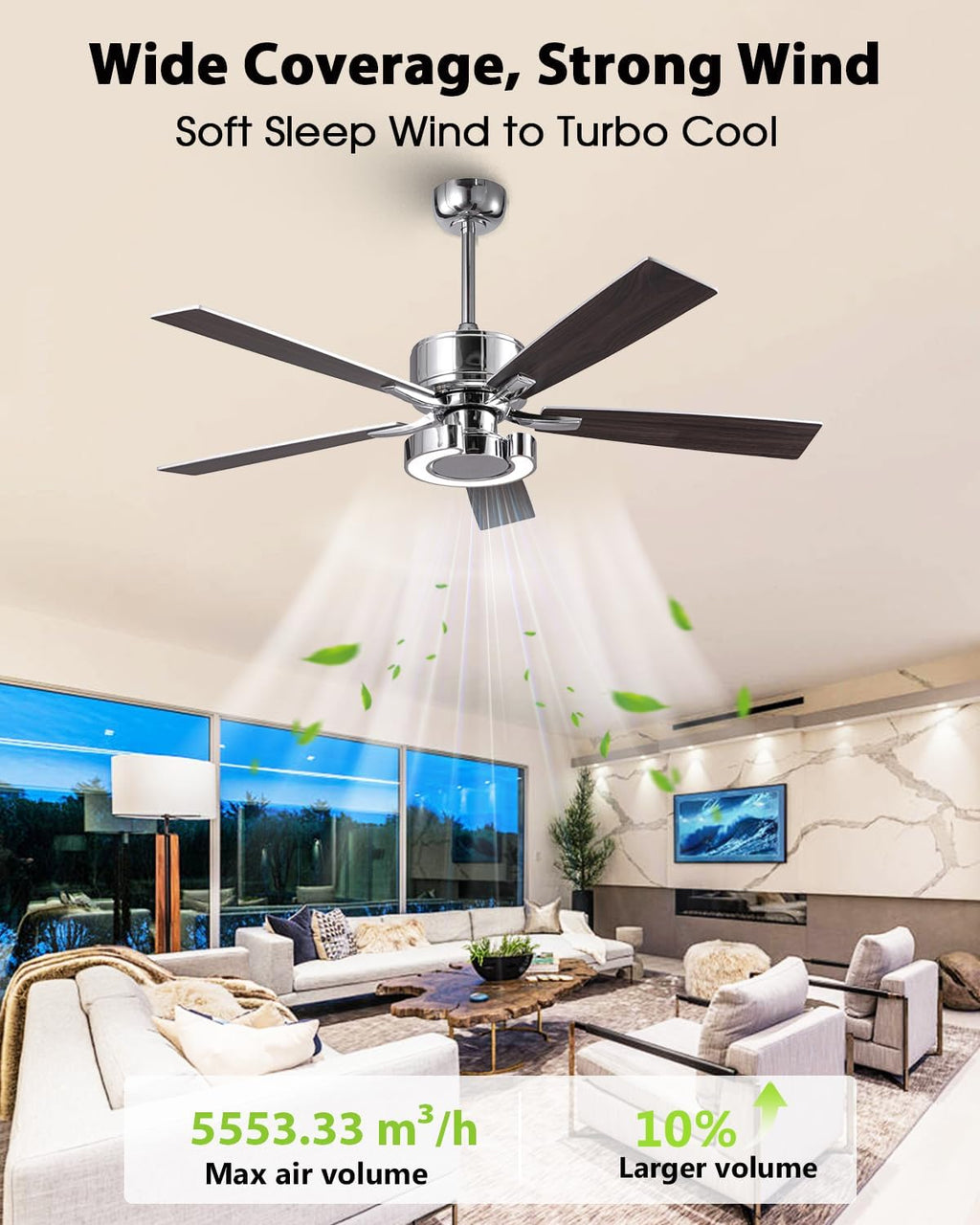 52 Inch Silver Ceiling Fans with Lights, Creative Modern Ceiling Fan and Remote for Bedroom Living Room with 3CCT, 6 Speeds, Quiet, Dual-Sided Reversible 5 Blades Indoor Outdoor Chandelier Fan