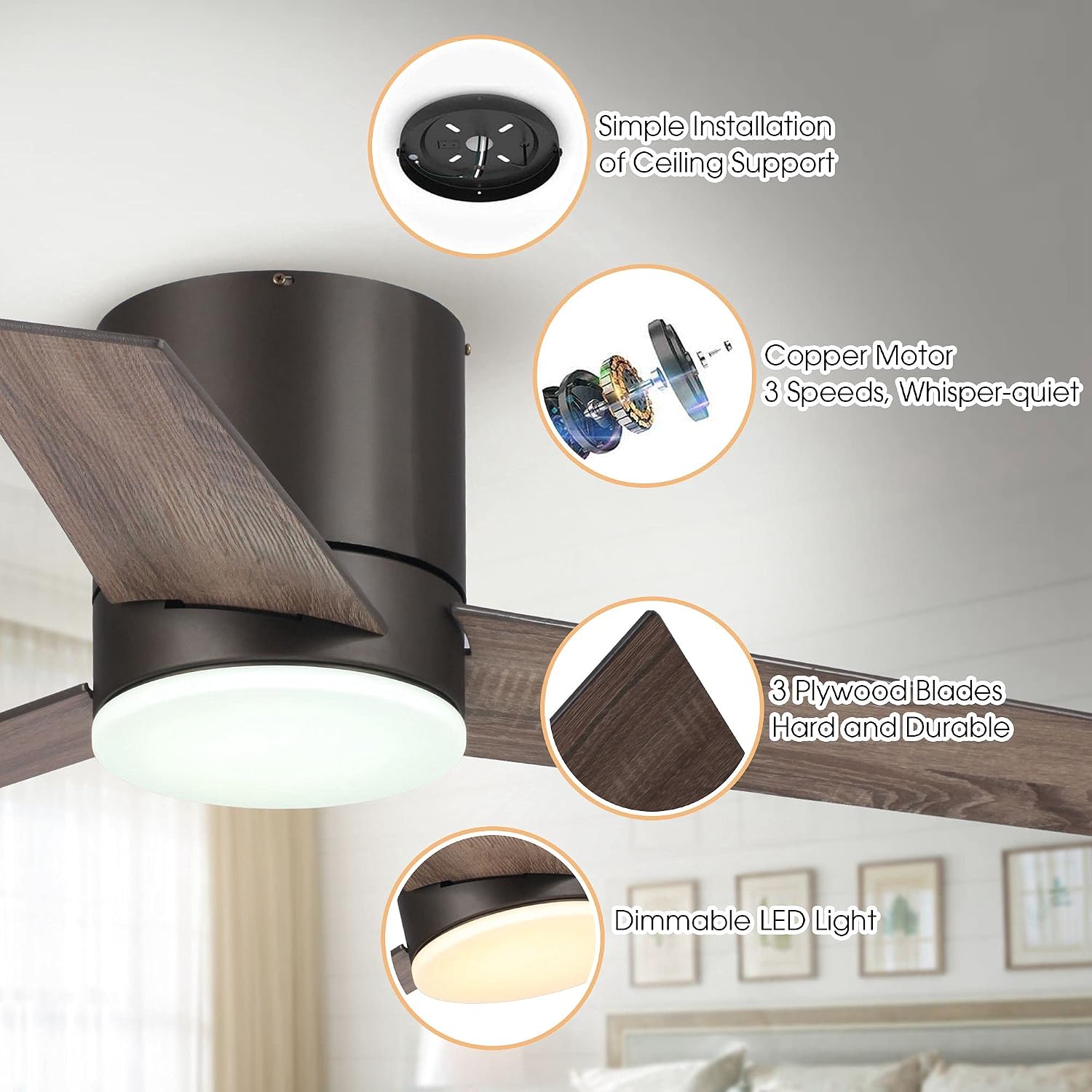Low Profile Ceiling Fans with Lights and Remote, 48 Inch Bedroom Ceiling Fans Flush Mount, Indoor/Outdoor Fans for Patios, Reversible 3 Blades, Noiseless, Color Temp Adjusted, DOE ETL Tested (Bronze)