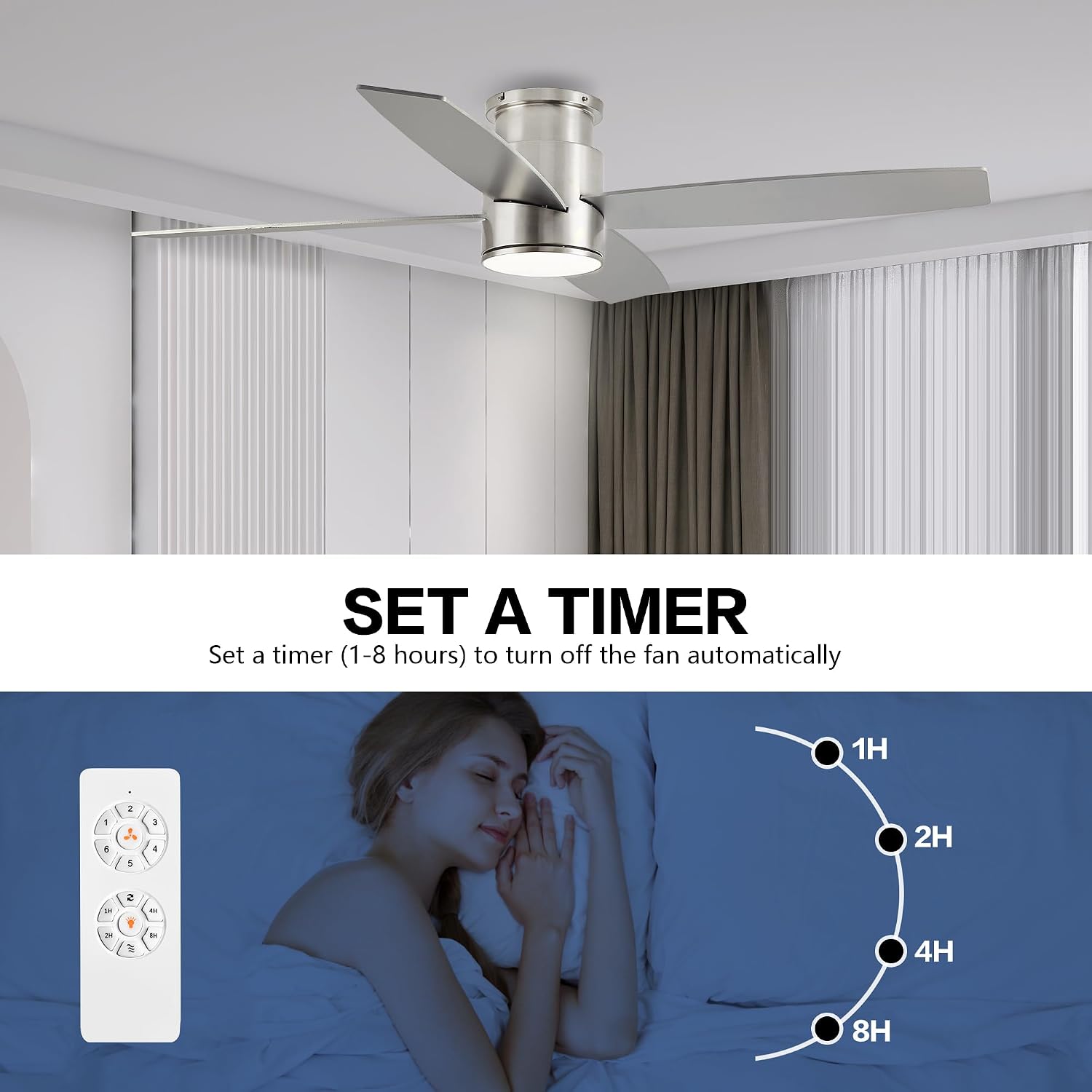 WINGBO 44 Inch Flush Mount DC Ceiling Fan with Lights and Remote, 4 Reversible Blades, Ultra Quiet 6-Speed DC Motor, Hugger Low Profile Indoor Ceiling Fan, Brushed Nickel Finish