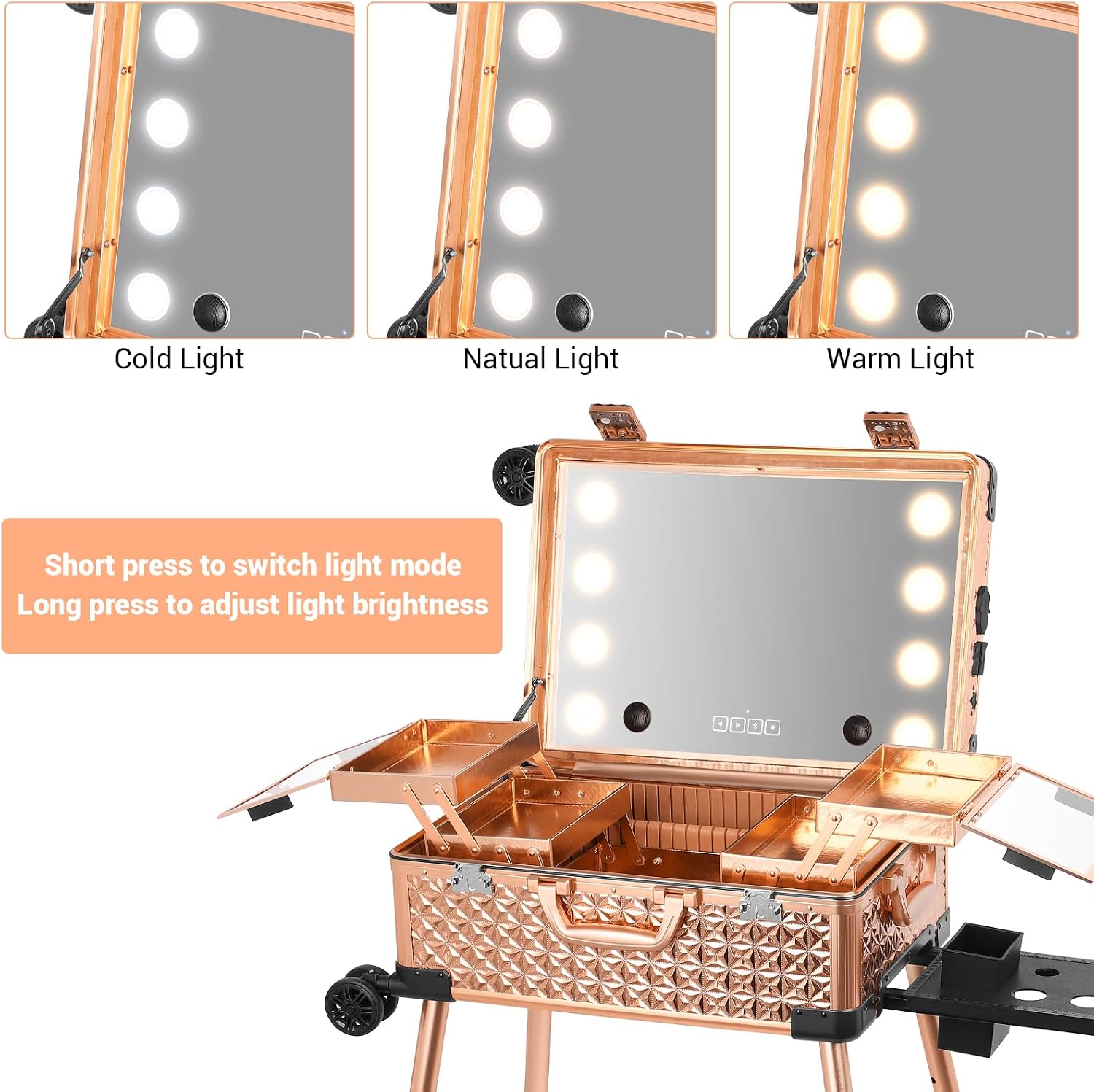 Rolling Makeup Train Case with Lighted Mirror and Bluetooth Speaker Professional Cosmetic Organizer Case with Wheels, Stands Portable Makup Station Vanity for Travel (Rose gold, Small)