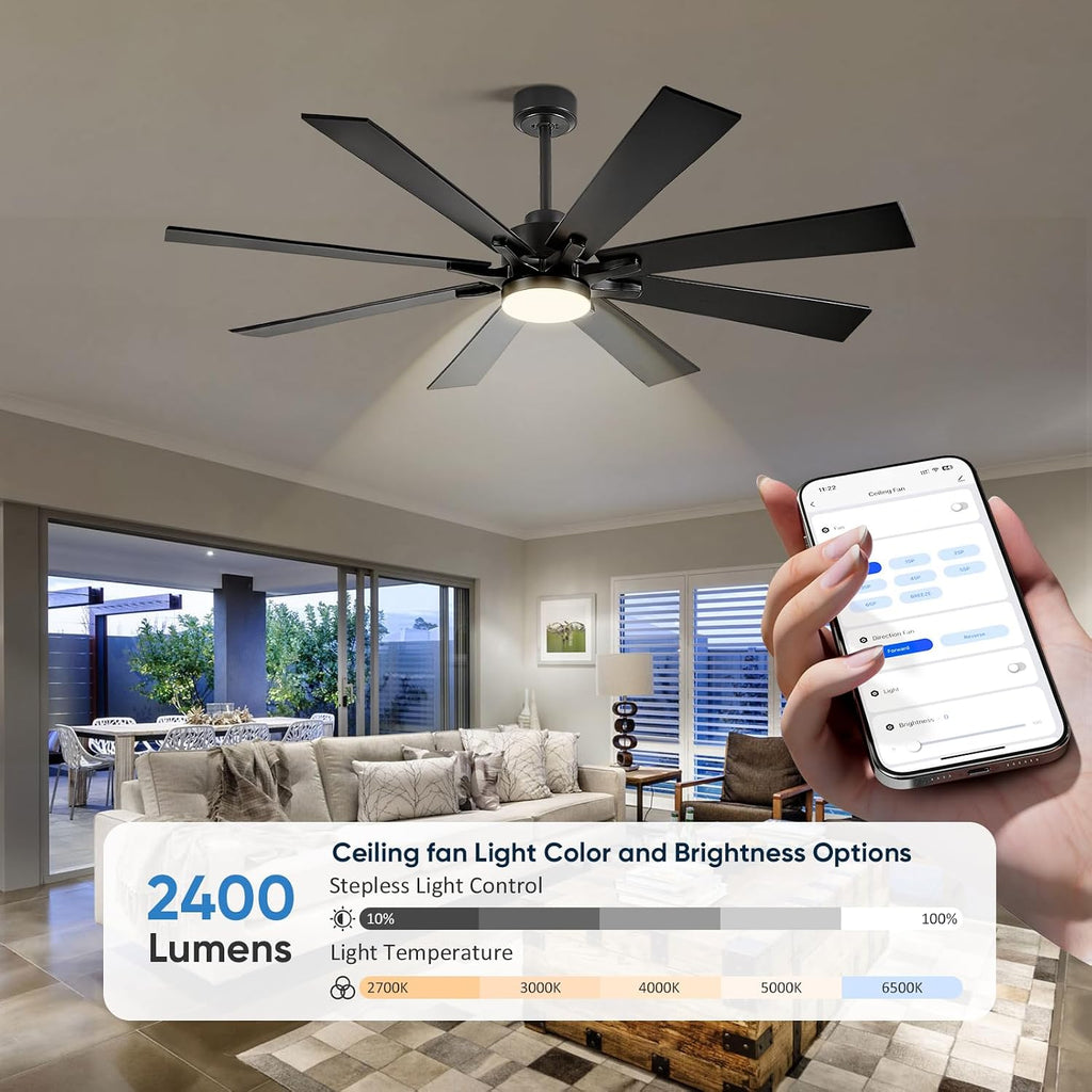 62 Inch Smart Ceiling Fan with Light, Modern Black Industrial Home Lighting & Ceiling fans with App/Voice/Remote Control, Damp-rated Large Airflow DC Outdoor Ceiling Fans for Patios Porch Outside