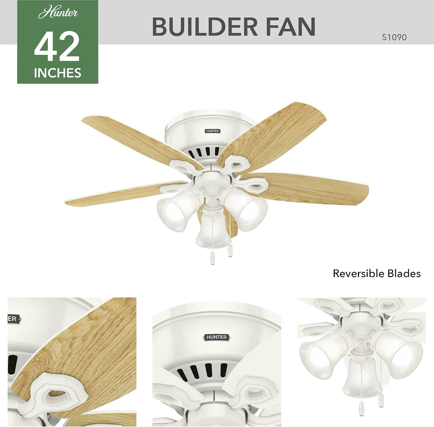 Hunter 42 inch Indoor Ceiling Fan with LED Lights - White Ceiling Fan with Pull Chain, For Bedroom, Living Room, or Kitchen, Low Profile Flush Mount, No Remote, 5 Blades - Builder 51090, Snow White