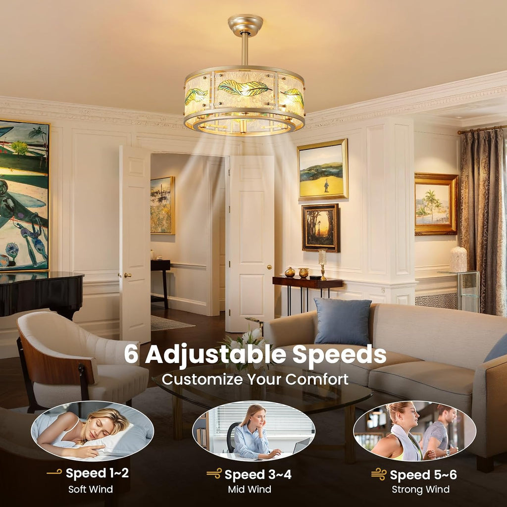 AIJIASI Gold Fandelier Ceiling Fans with Lights, 20' Caged Ceiling Fan with Light and Remote Control, Chandelier Ceiling Fan Low Profile with 6 Speeds for Bedroom, Living Room, Nursery