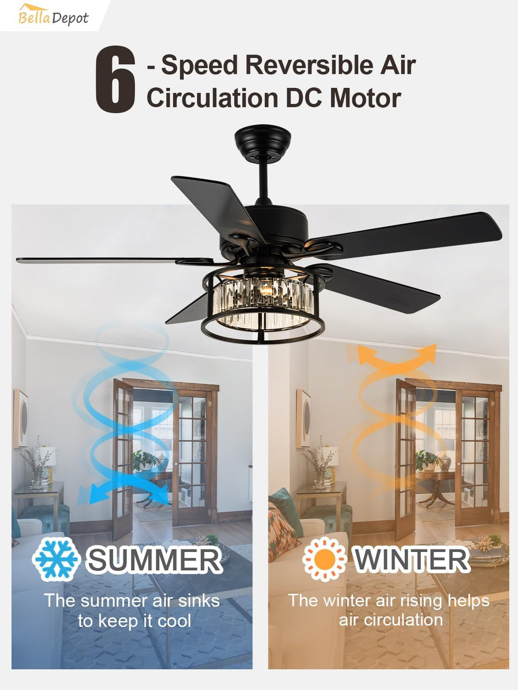 Bella Depot 52' Black Crystal Ceiling Fan with Remote, Caged Chandelier Fan with Light (No Bulbs Included), Quiet DC Motor for Dining Living Room Bedroom (Classic Black)
