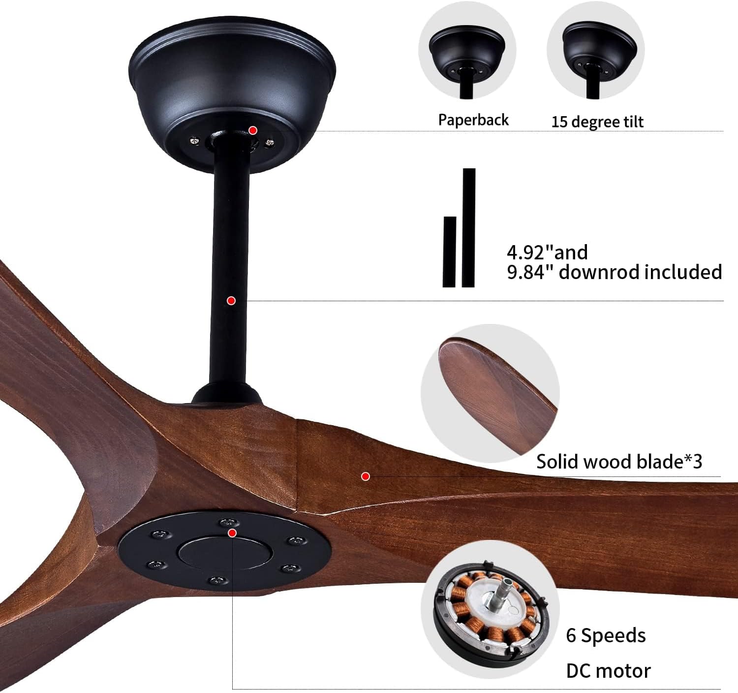 Bigzone 70' Large Ceiling Fan No Light with Remote,3 Blades Dark Brown Solid Wood Big Ceing Fan without Light with Quiet Reversible DC Motor 6-Speeds for Living Room/Dining Room/Garage/Indoor/Outdoor