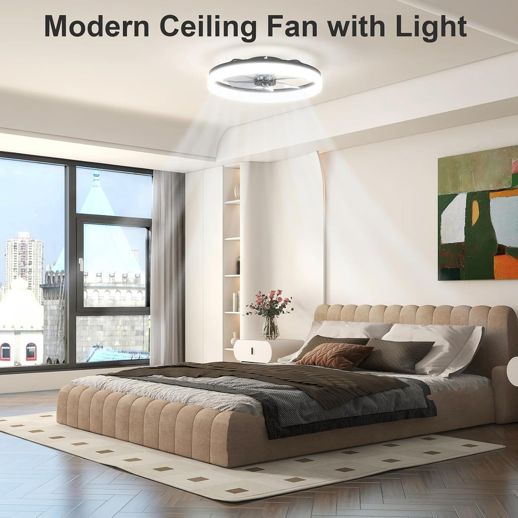 VOLISUN Low Profile Ceiling Fans with Lights and Remote, 23.6in Fandelier Ceiling Fan with Light, 3000K-6500K Dimmable Bladeless LED Fan Light, Black Flush Mount Ceiling Fans with Lights for Bedroom