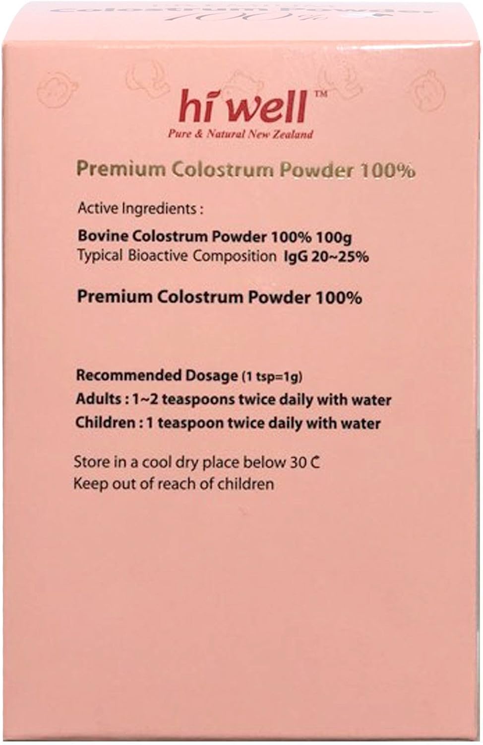 (Pack of 2) Hi Well Premium Pure New Zealand Bovine Grass-Fed Colostrum Powder 100% 100g