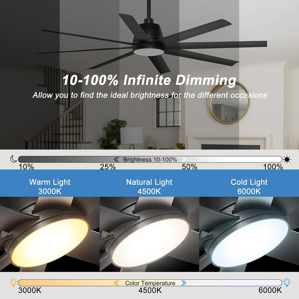 Ceiling Fan with Lights, 65'' Outdoor Ceiling Fan with Remote & APP Control, Dimmable, Black Modern Ceiling Fans for Patio Living Room Garage Shop