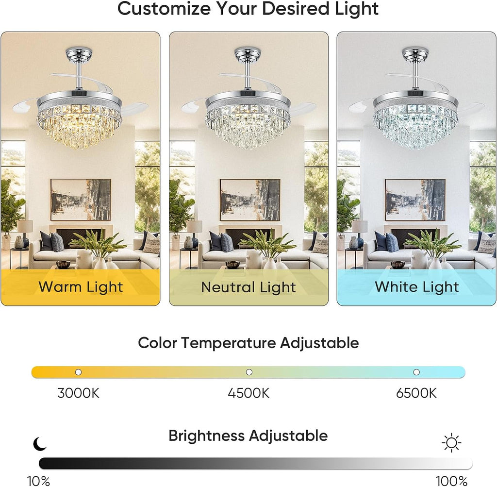 42 Inch Fandelier Ceiling Fan with Light, Chandelier Ceiling Fans with Lights, Crystal Ceiling Fans for Bedroom Living Room, LED Dimmable, 6 Wind Speed,3 Color Temperatures-Chrome